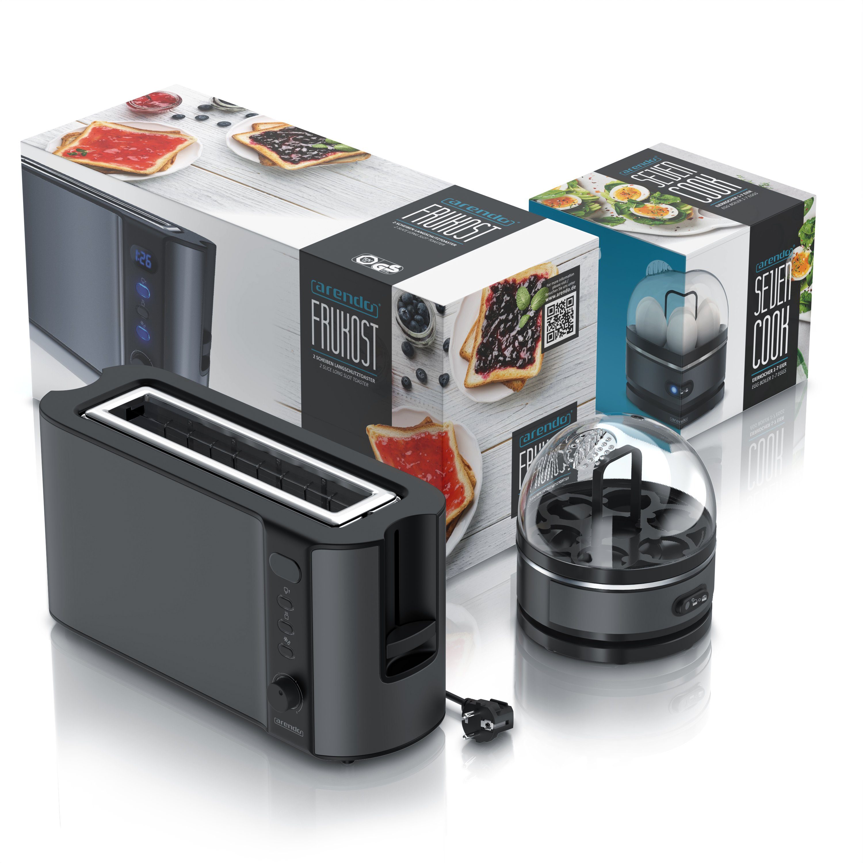 Arendo Frühstücks-Set (2-tlg), 2-Scheiben Langschlitz Toaster, 7er Eierkocher, Grau