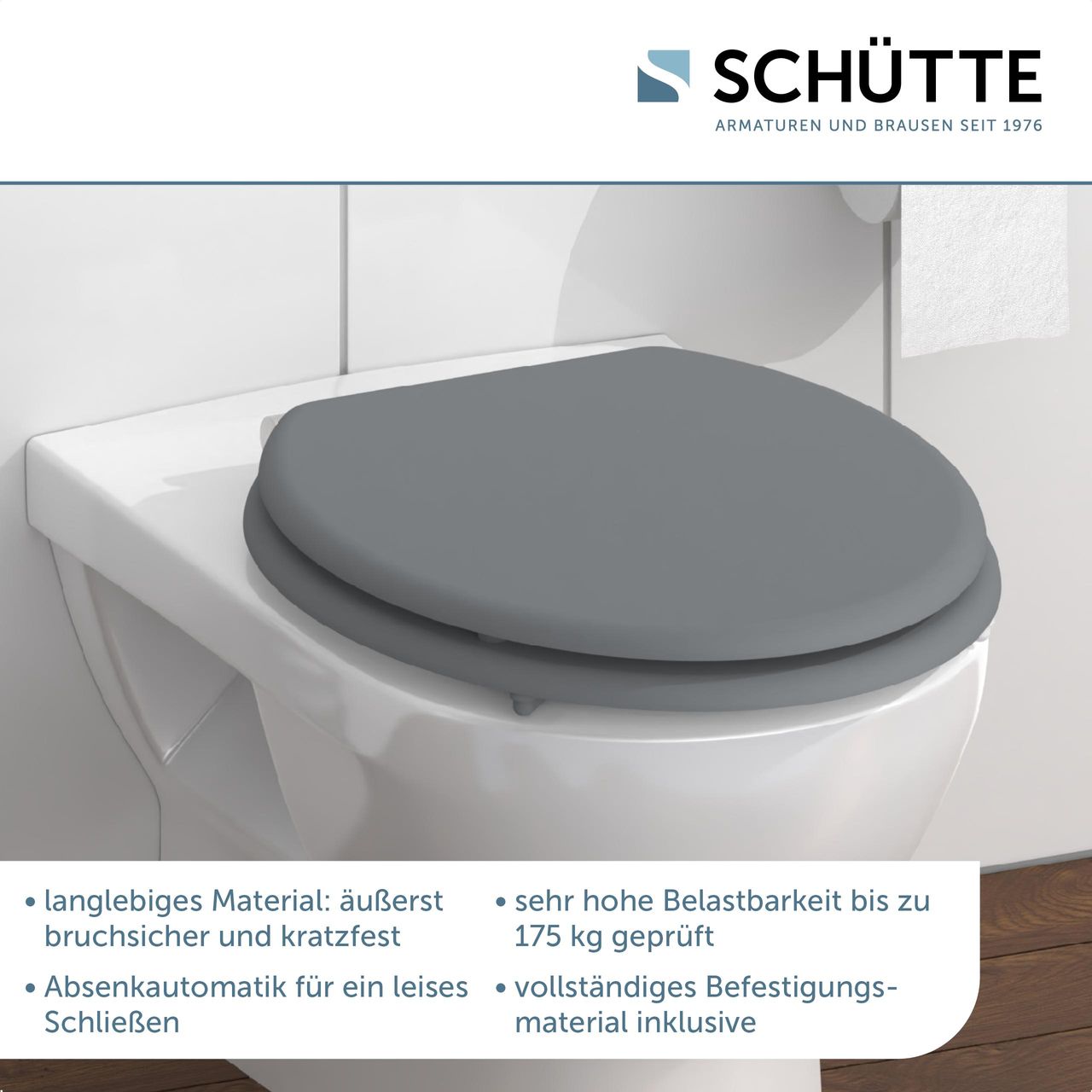 Schütte MDF WC Sitz SPIRIT GREY, Toilettendeckel mit Absenkautomatik, Holzkern