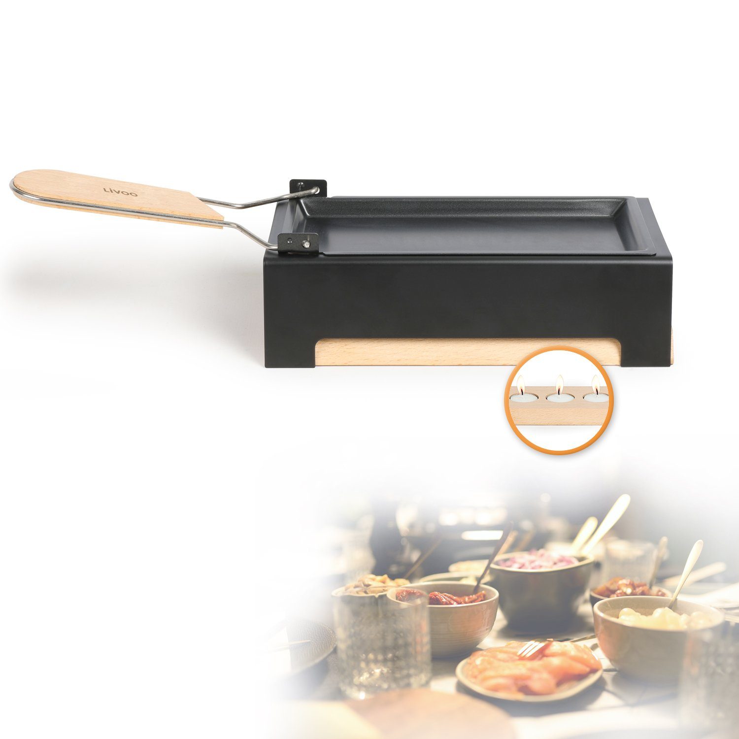 LIVOO Raclette LIVOO Raclette Set 2 Personen Teelicht Camping Kerzen Holz mit, 2 Raclettepfännchen, 3 Teelichter, Griff aus Echtholz, Raclettschieber, Raclettepfanne