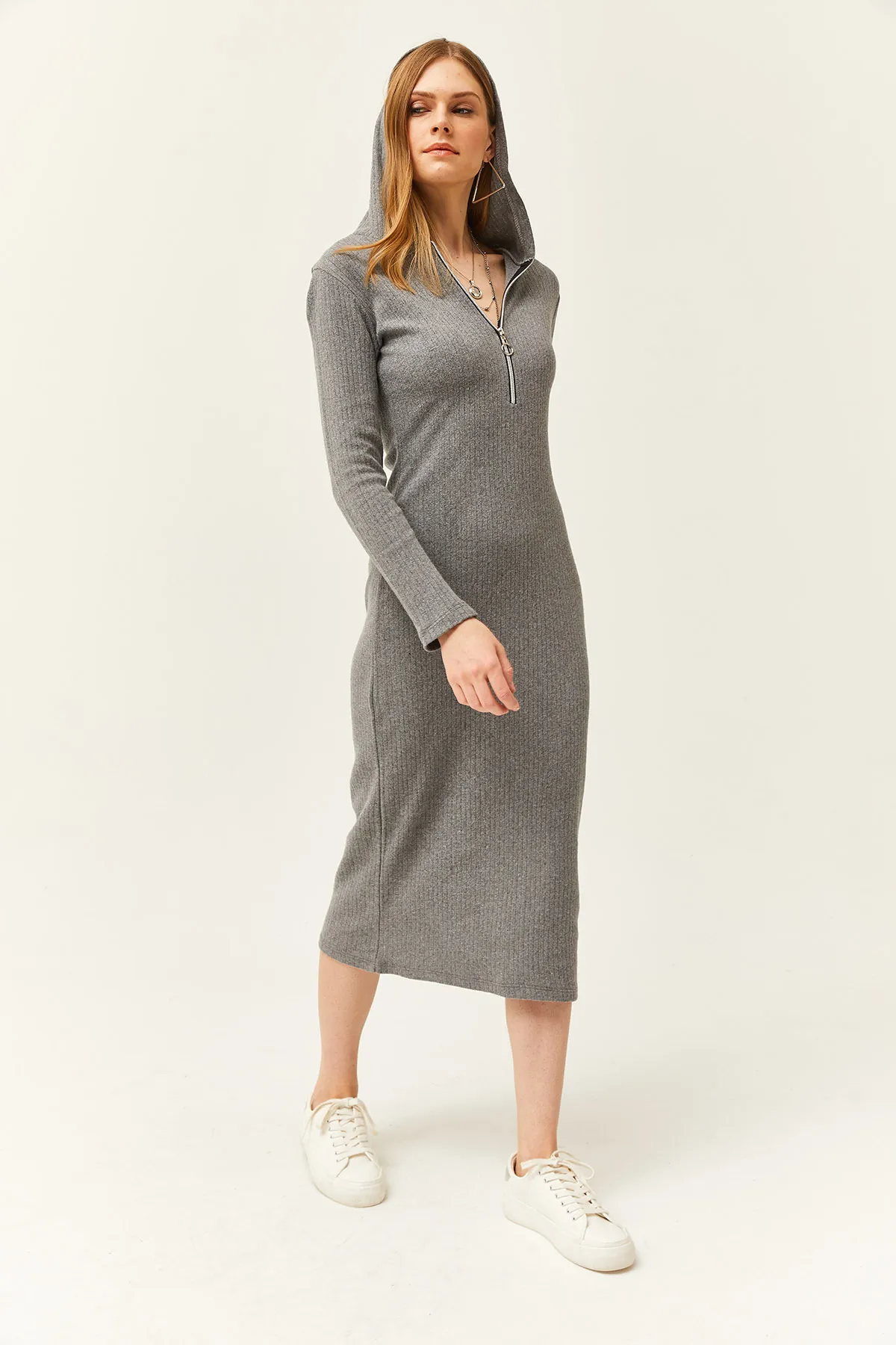 Olalook  Geräuchertes Midikleid mit Reißverschluss und Kapuze für Damen, dick gerippt, ELB-19002028