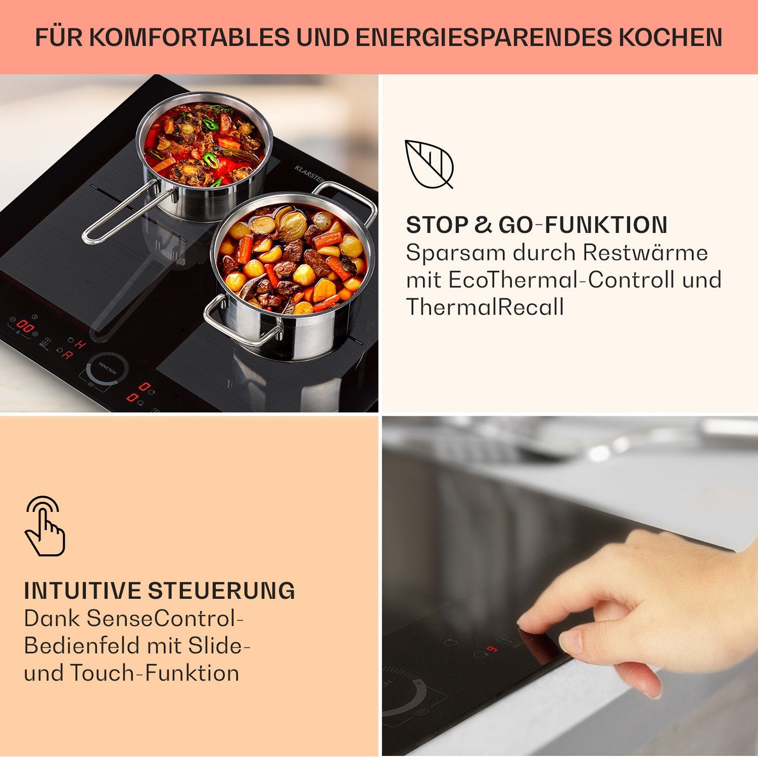 Klarstein Induktions-Kochfeld Delicatessa 60 Einbaukochfeld Induktion 4 Zonen 7000W Glaskeramik CP4-Delicatessa-60-B, Einbau Induktionskochfeld 4 Kochfelder Platten Induktionsherd