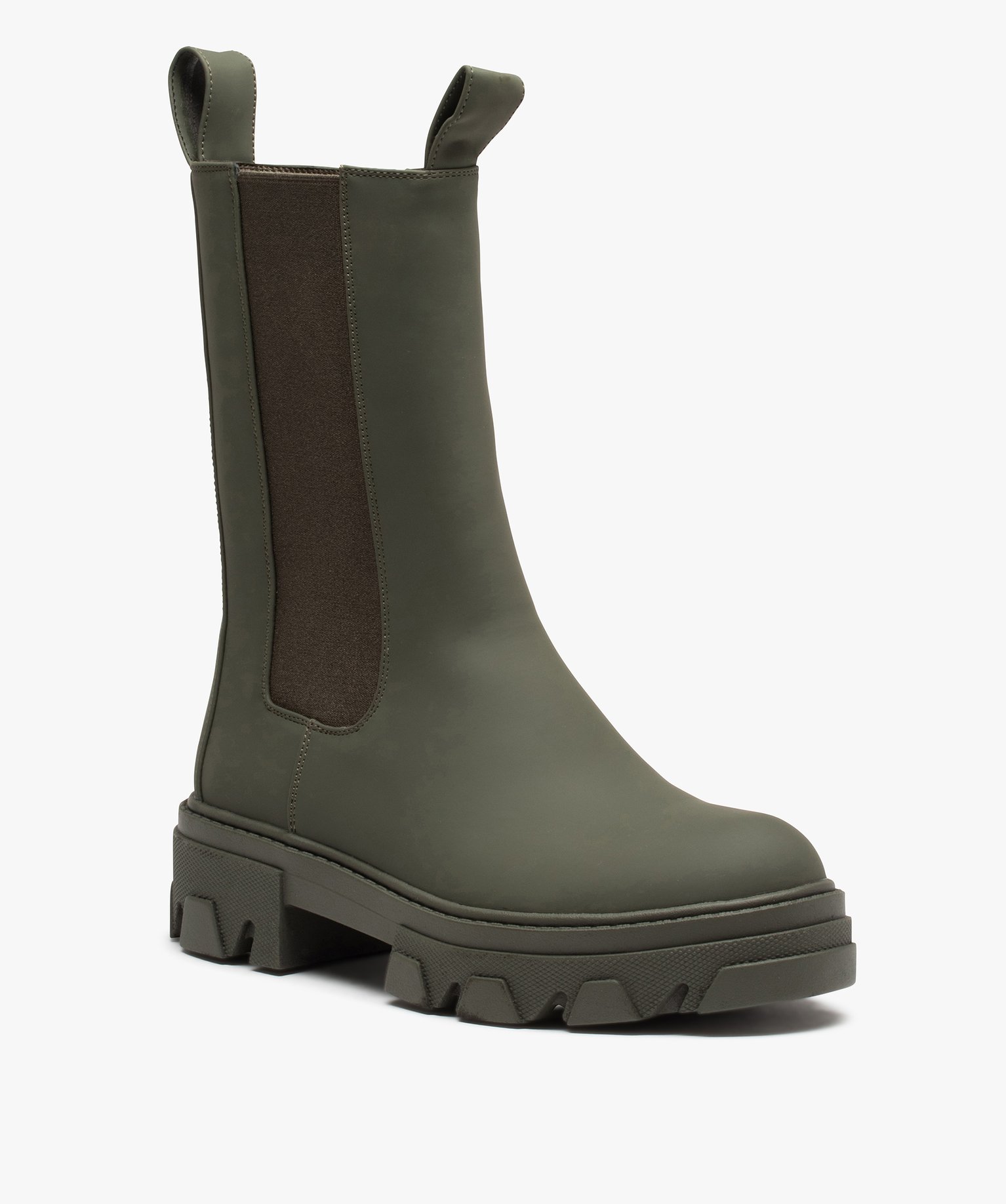 Boots femme Chelsea unies à semelle épaisse et crantée kaki | GEMO