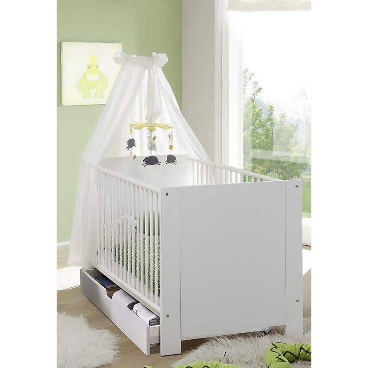 Gitterbett mit Bettschubkasten Babyzimmer OLBIA-19 in weiß