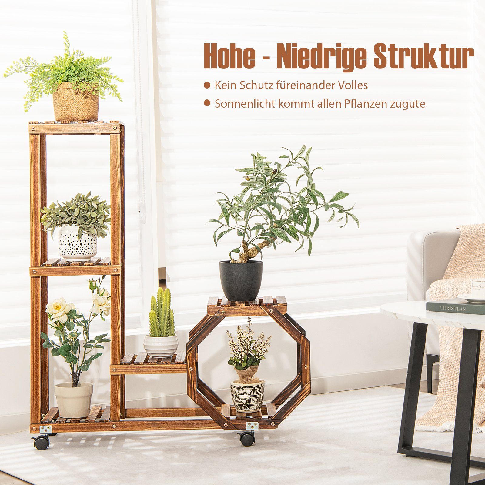 COSTWAY Blumenständer, Holzregal auf Rollen, mehrstöckig, 87,5x29x102,5cm