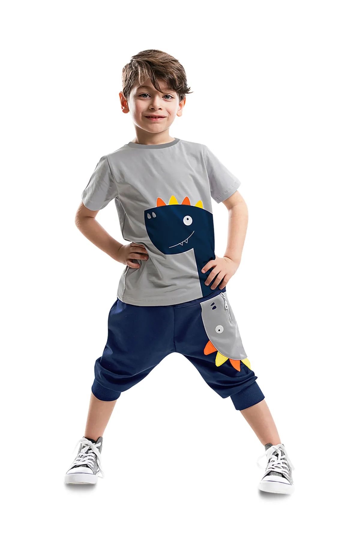Denokids  Zipper Dino T-Shirt-Capri-Shorts-Set für Jungen