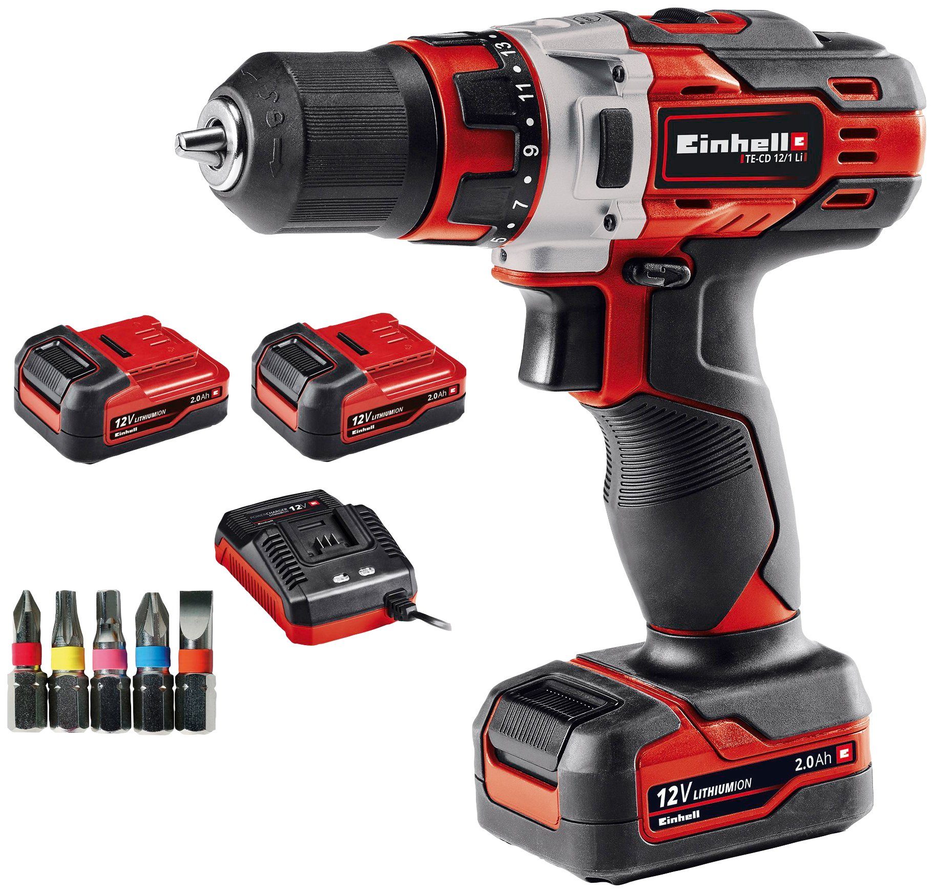 Einhell Akku-Bohrschrauber TE-CD 12/1 Li, 2 Akkus, Ladegerät & 5 Bits