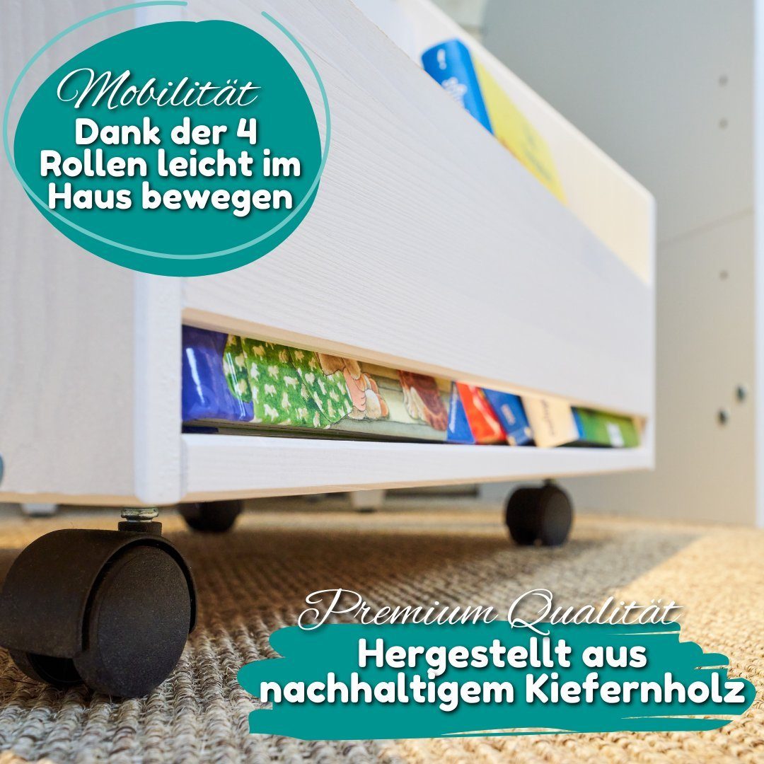 Alavya Home® Spielzeugtruhe BULLI Premiumqualität für Kinder (Kinderzimmerregal Spielzeugkiste), Spielzeug-Organizer mit 4 Rollen Aufbewahrungsregal aus Kiefernholz