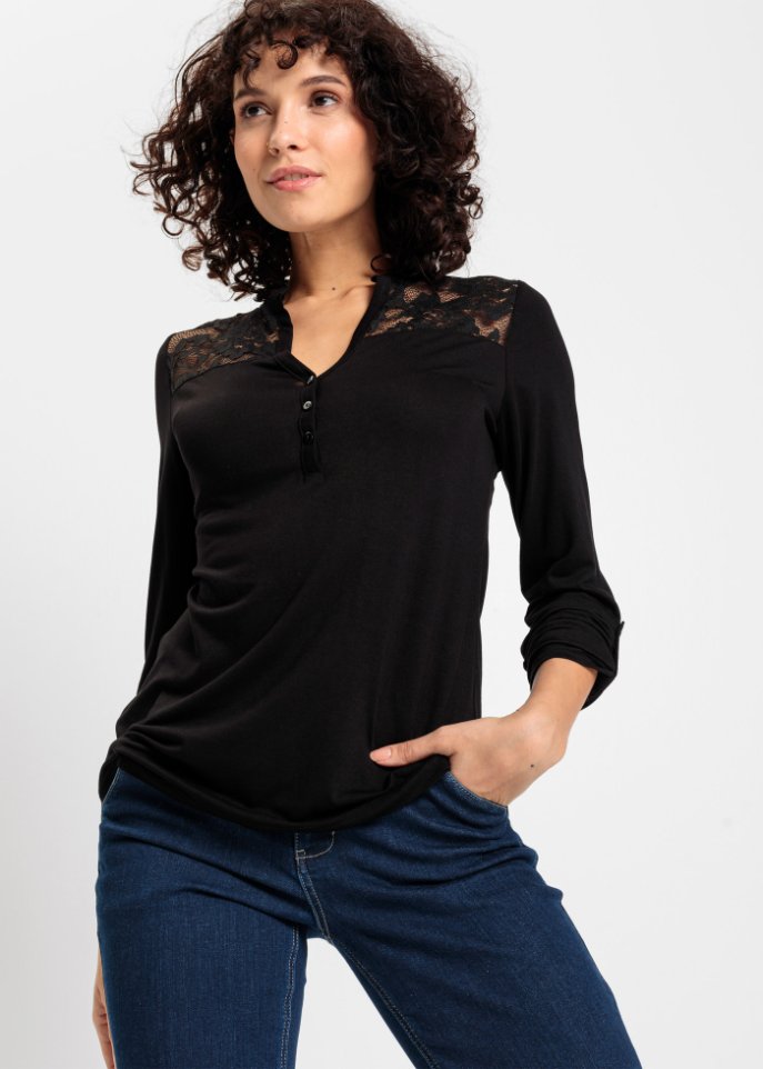 Henleyshirt mit Spitzeneinsatz