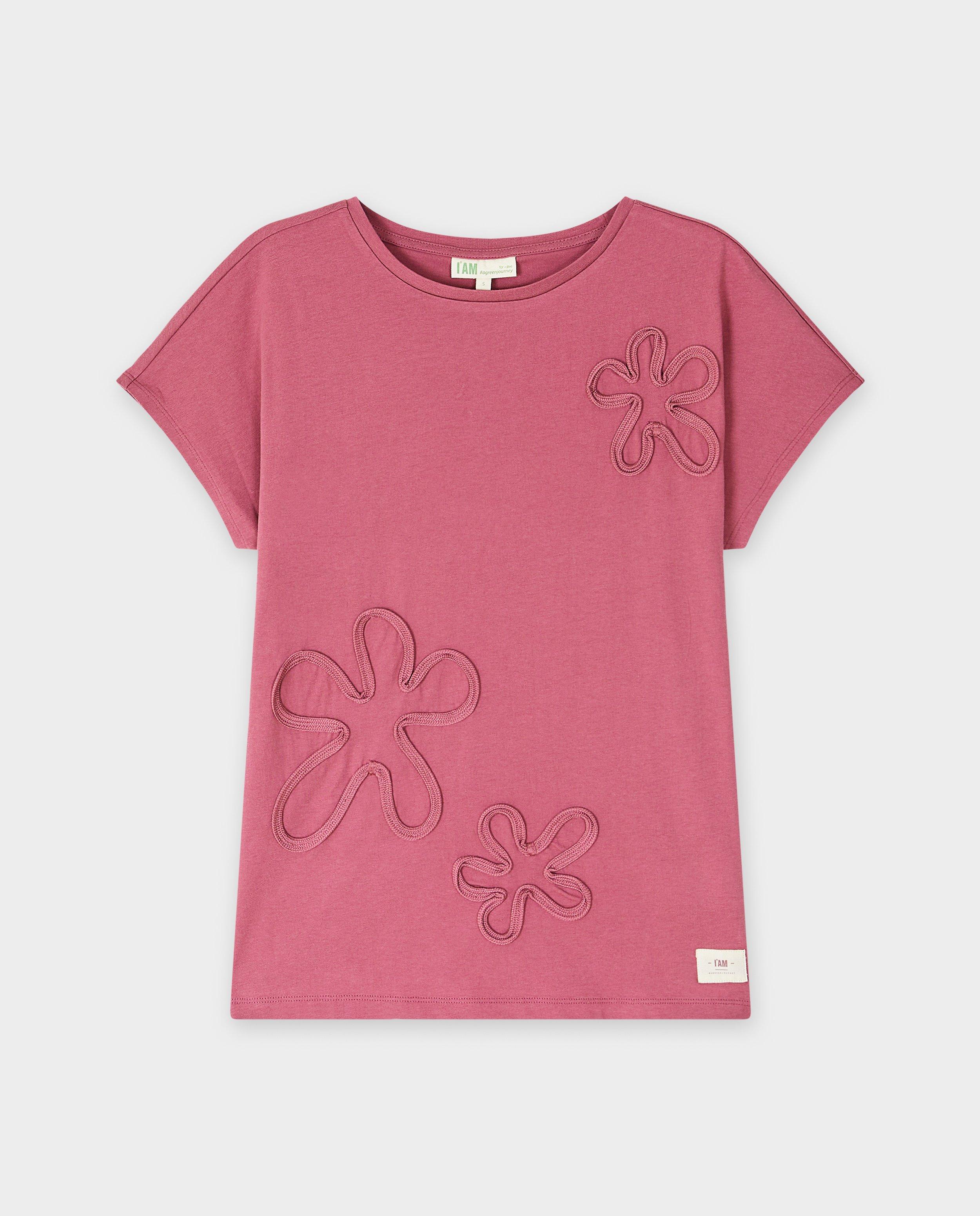 AM Biopamut póló hímzett virágokkal, XS-XXL sötétpiros