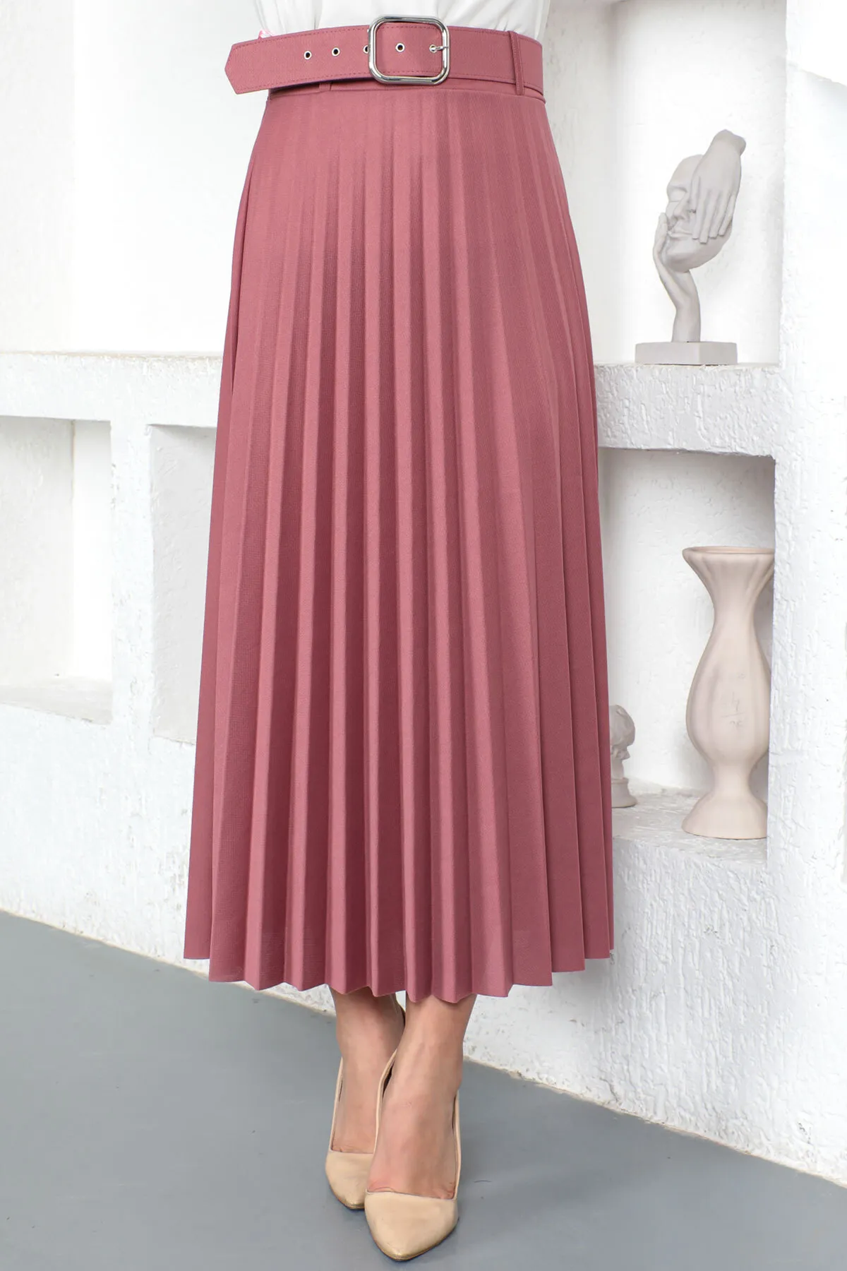 Tesettür Dünyası  Faltenrock mit Gürtel Tsd230113 Dusty Rose