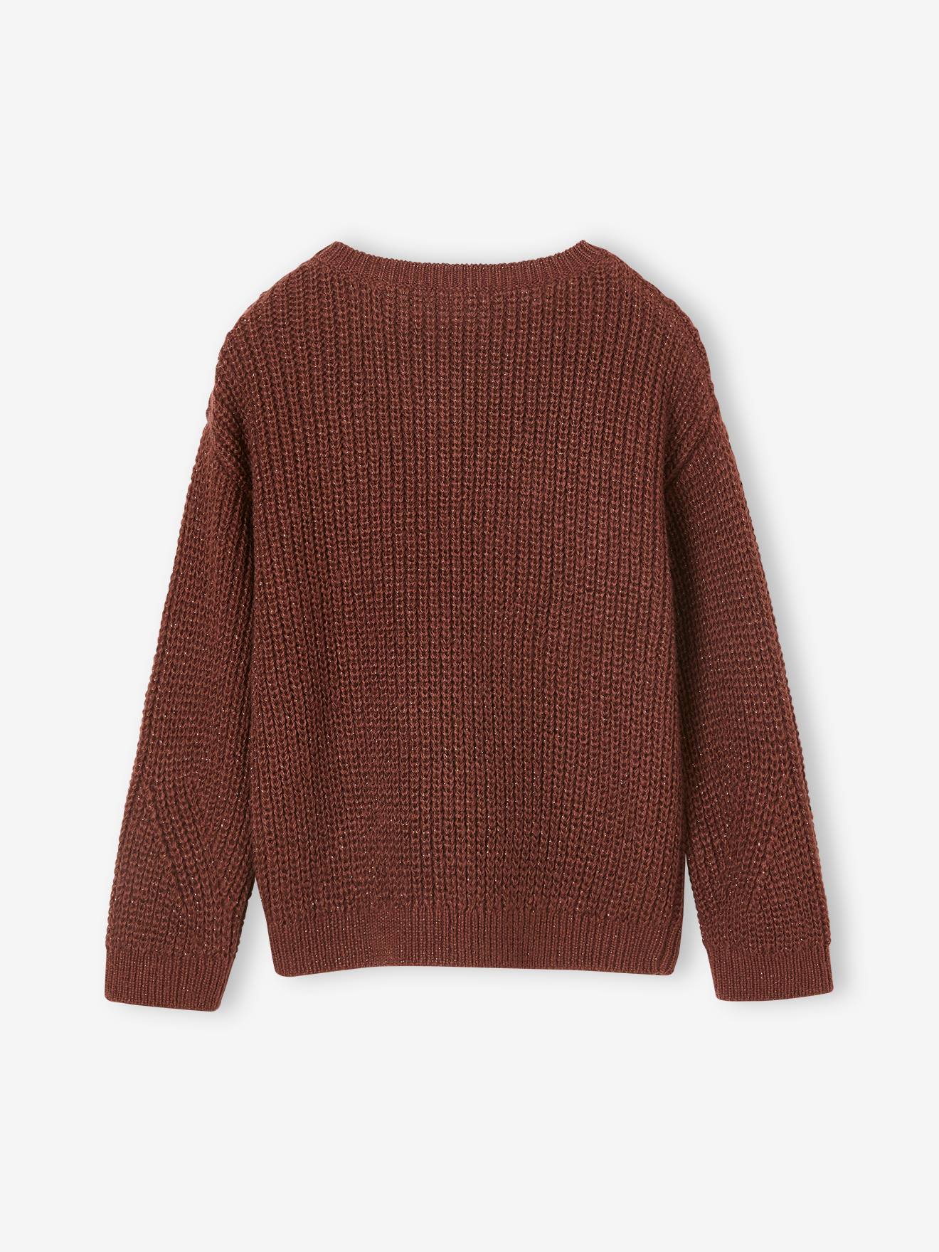 Pull maille perlée animation badge irisé fille chocolat