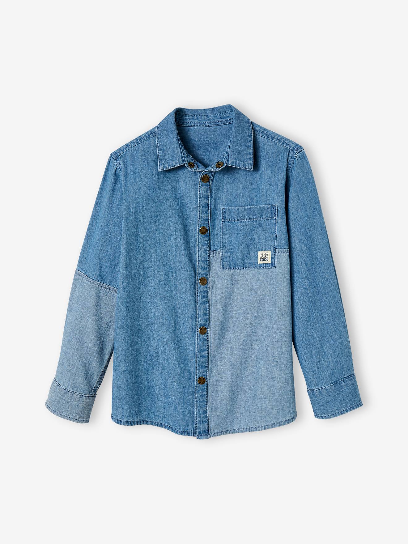 Chemise en jean garçon avec empiècements contrastés stone
