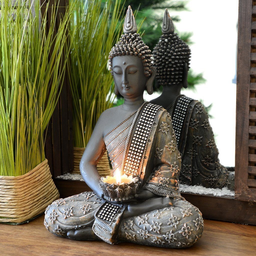 INtrenDU Buddhafigur Buddha Statue mit Teelichthalter 31cm, mit Strassbestückter Schärpe