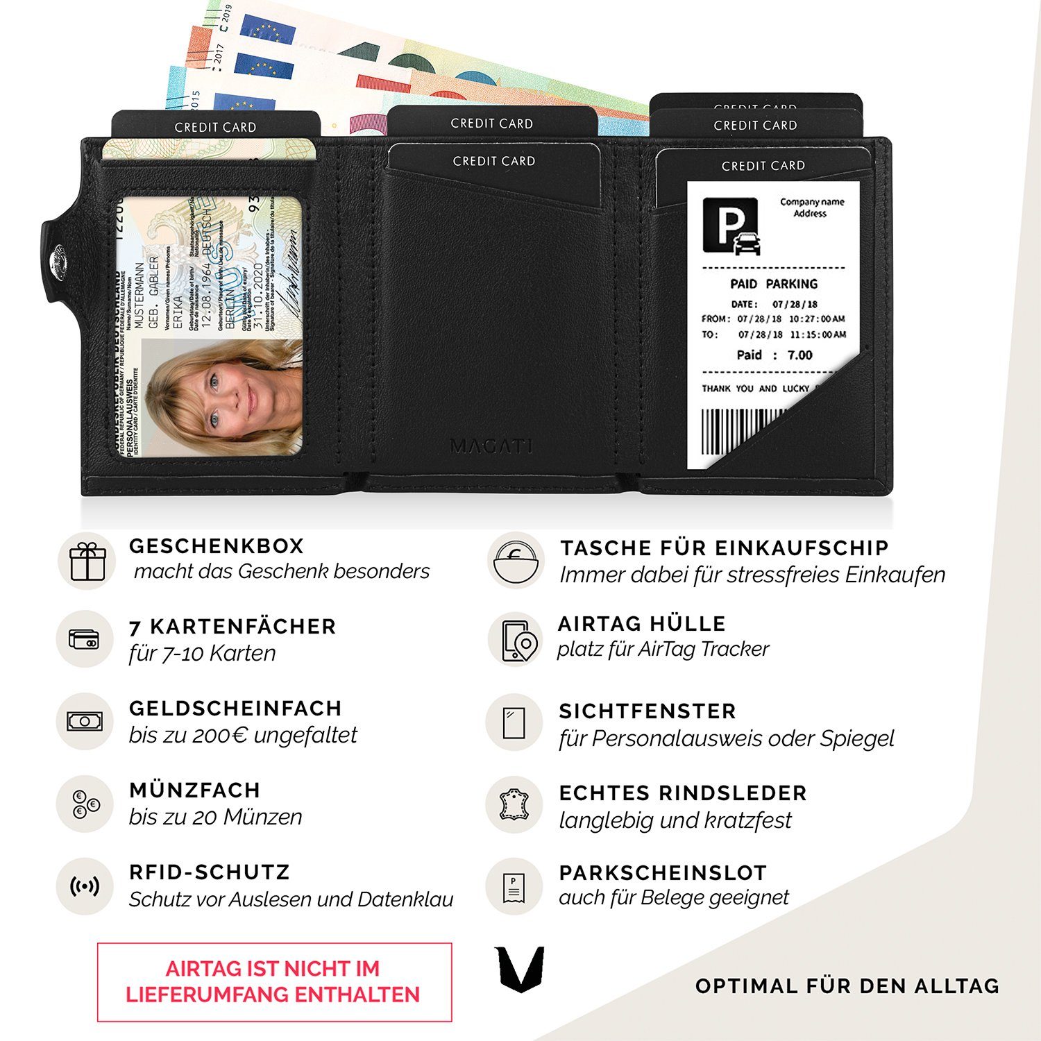 MAGATI Geldbörse aus Echtleder mit Münzfach und Airtag-Fach, bis zu 10 Karten (mit Geschenkverpackung), Einkaufswagenchip-Fach, klein Wallet, Portemonnaie für Herren & Damen