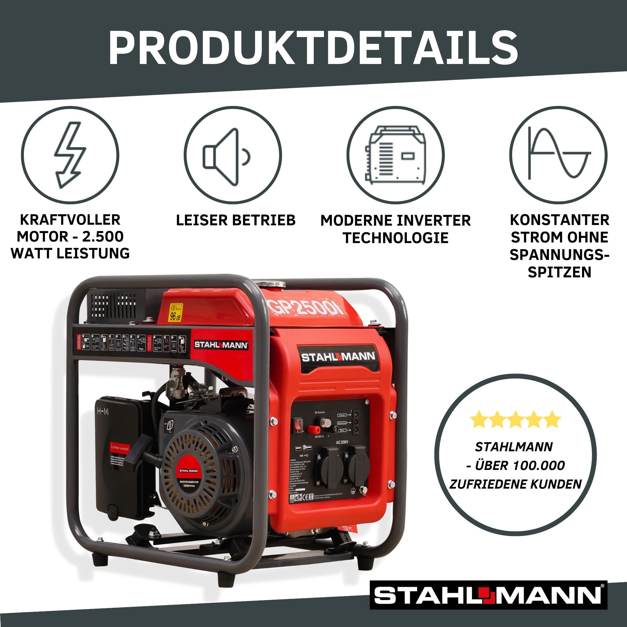 Stahlmann Stromerzeuger Stahlmann Inverter Stromerzeuger Stromgenerator GP2500I, 2500 Watt, Notstromaggregat Benzin - leise und kraftvoll, Stromaggregat oder Generator optimal für Hausversorgung, 2.5 in kW, (1x Stahlmann Stromerzeuger GP2500I), 2500W