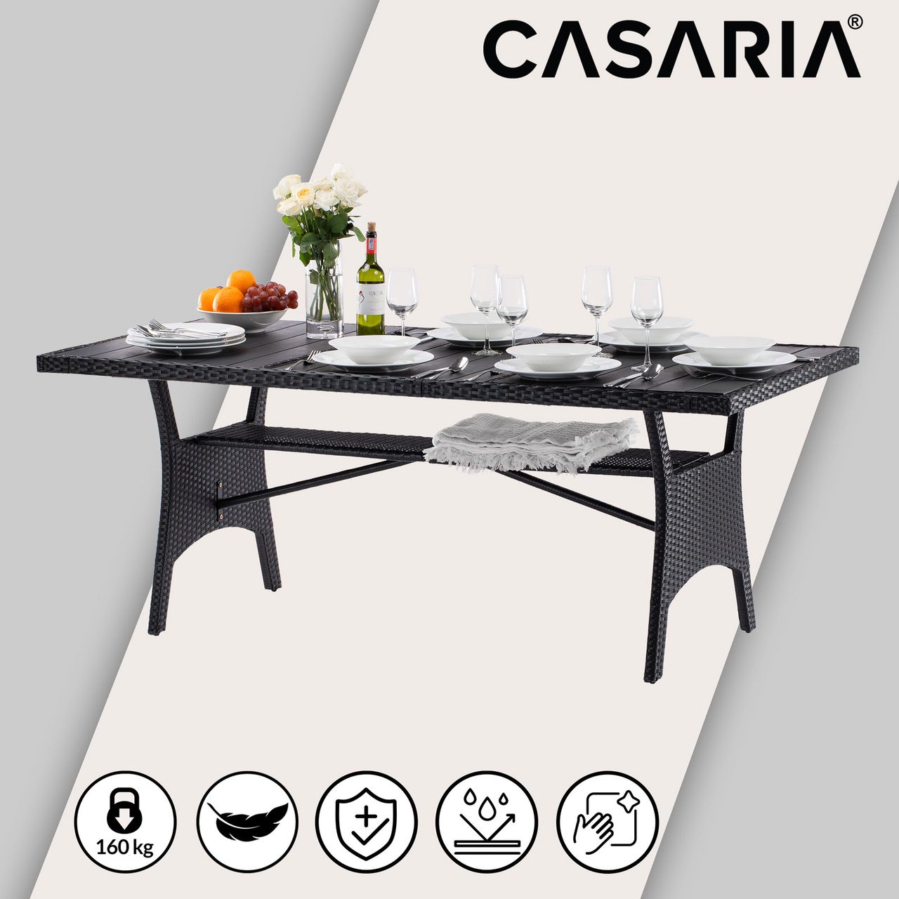 Casaria Gartentisch Polyrattan WPC Holzoptik 190 x 90 x 75cm schwarz/anthrazit