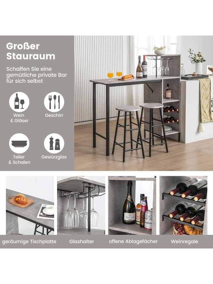 COSTWAY Bartisch mit Barhocker Set in Grau günstig kaufen onesize
