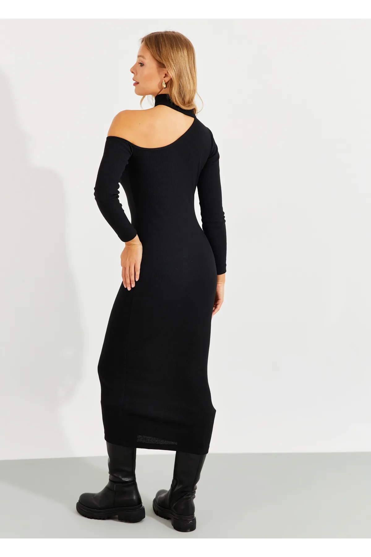 Cool & Sexy  Schwarzes One-Shoulder-Midikleid mit offener Schulterpartie für Damen EY2562