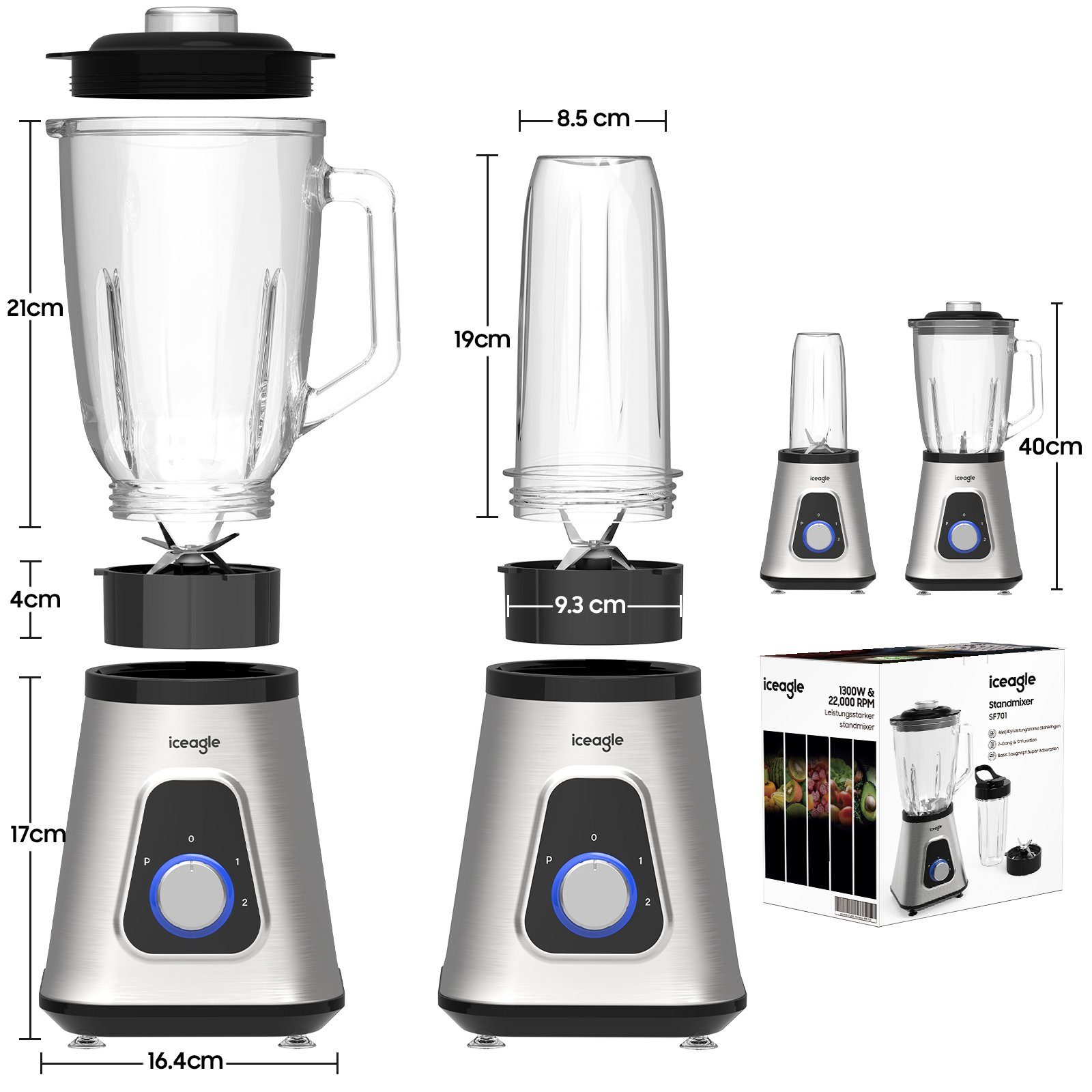 Aoucheni Standmixer Mixer Smoothie Maker für Püree, Ice Crush, Shakes, 1300,00 W, 2 Ebenen, Edelstahl, 1,5L Glasaufsatz, 0,6L Tragbare Tasse, 6-Kling