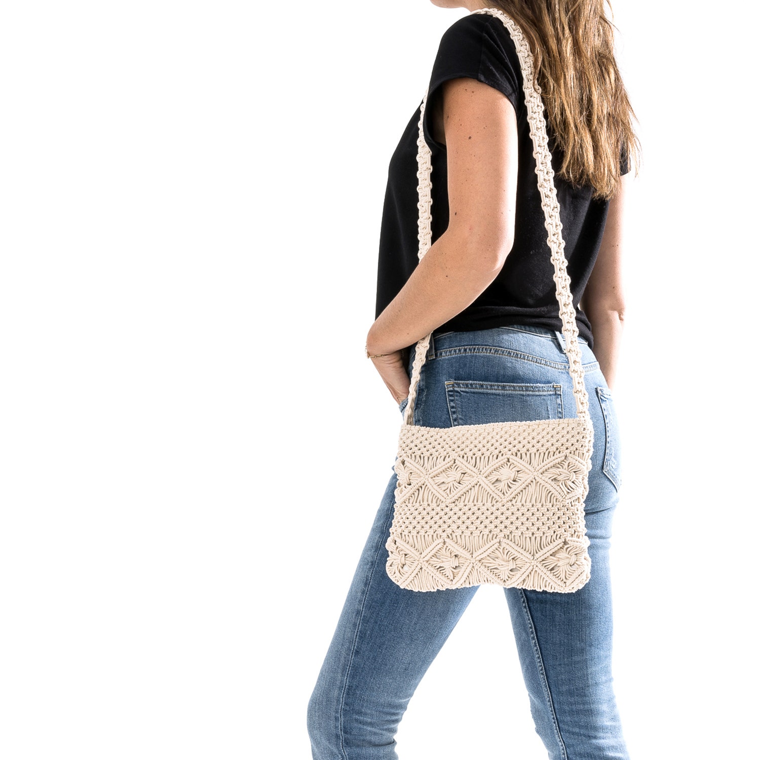 Sac bandoulière TEXTO beige en macramé