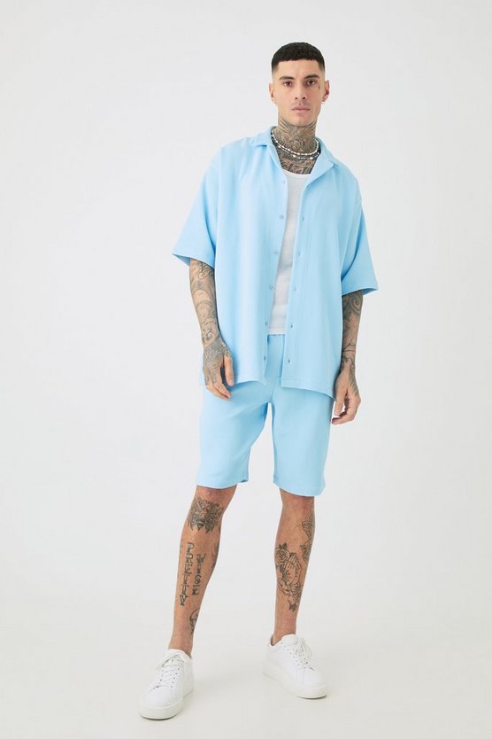 Tall kurzärmliges Oversize Hemd & Shorts in Blau