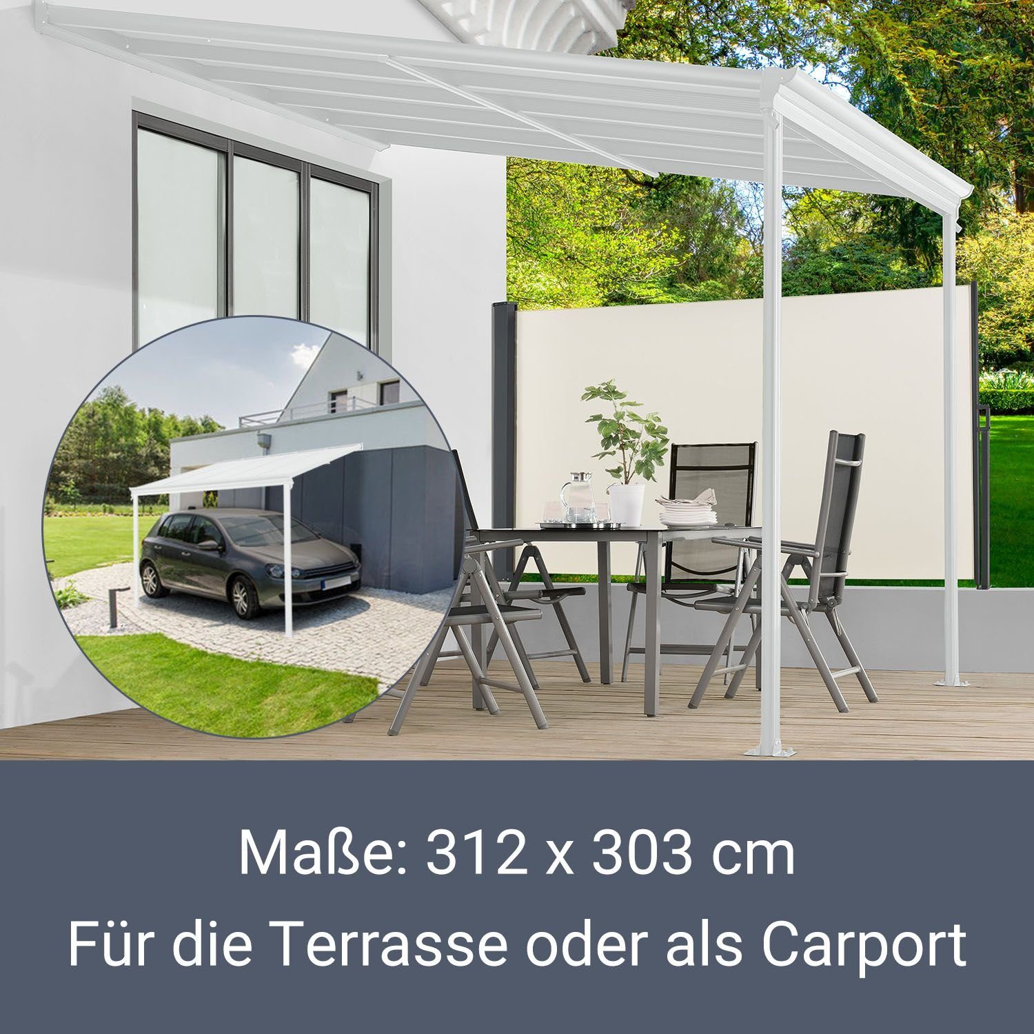 Juskys Terrassendach Borneo, 3x3 m, Regen- und Sonnenschutz, lichtdurchlässig, UV-Schutzfolie