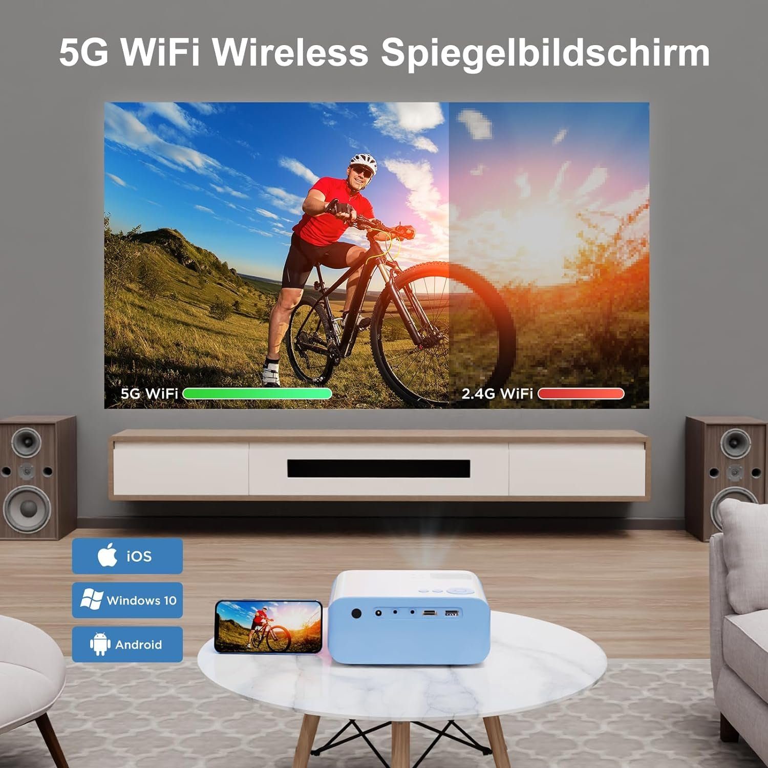 VISULAPEX Portabler Projektor (9000 lm, 8000:1, 1920 x 1080 px, Beamer Tragbarer Full HD 1080P Unterstützt, VISULAPEX V3 5G WiFi)