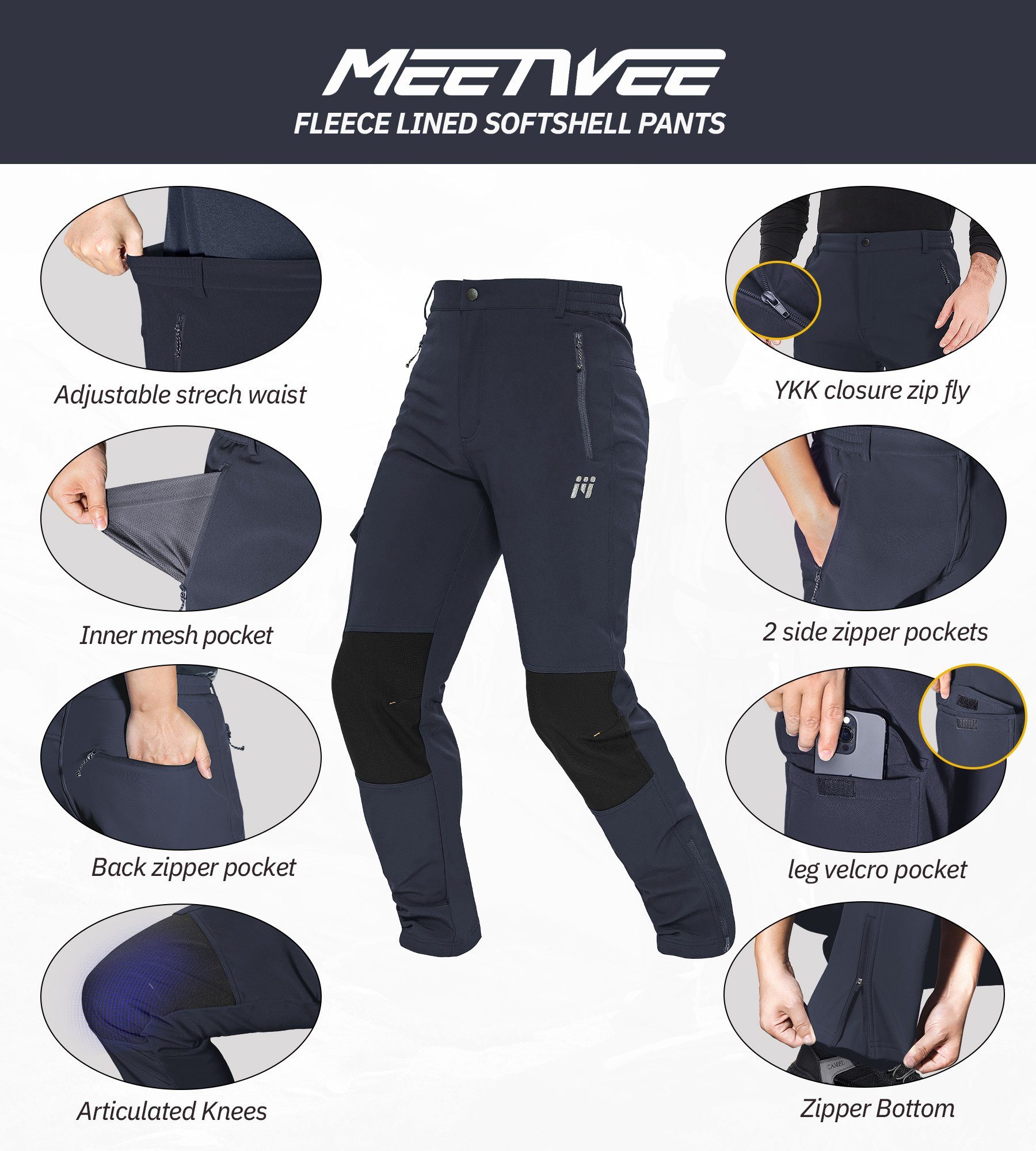 MEETYOO Softshellhose Herren Fleece Outdoorhose Wanderhose (Kurzgrößen pflegeleicht, Funktionshose) Wasserdicht, Mehrfachtaschen, Skihose