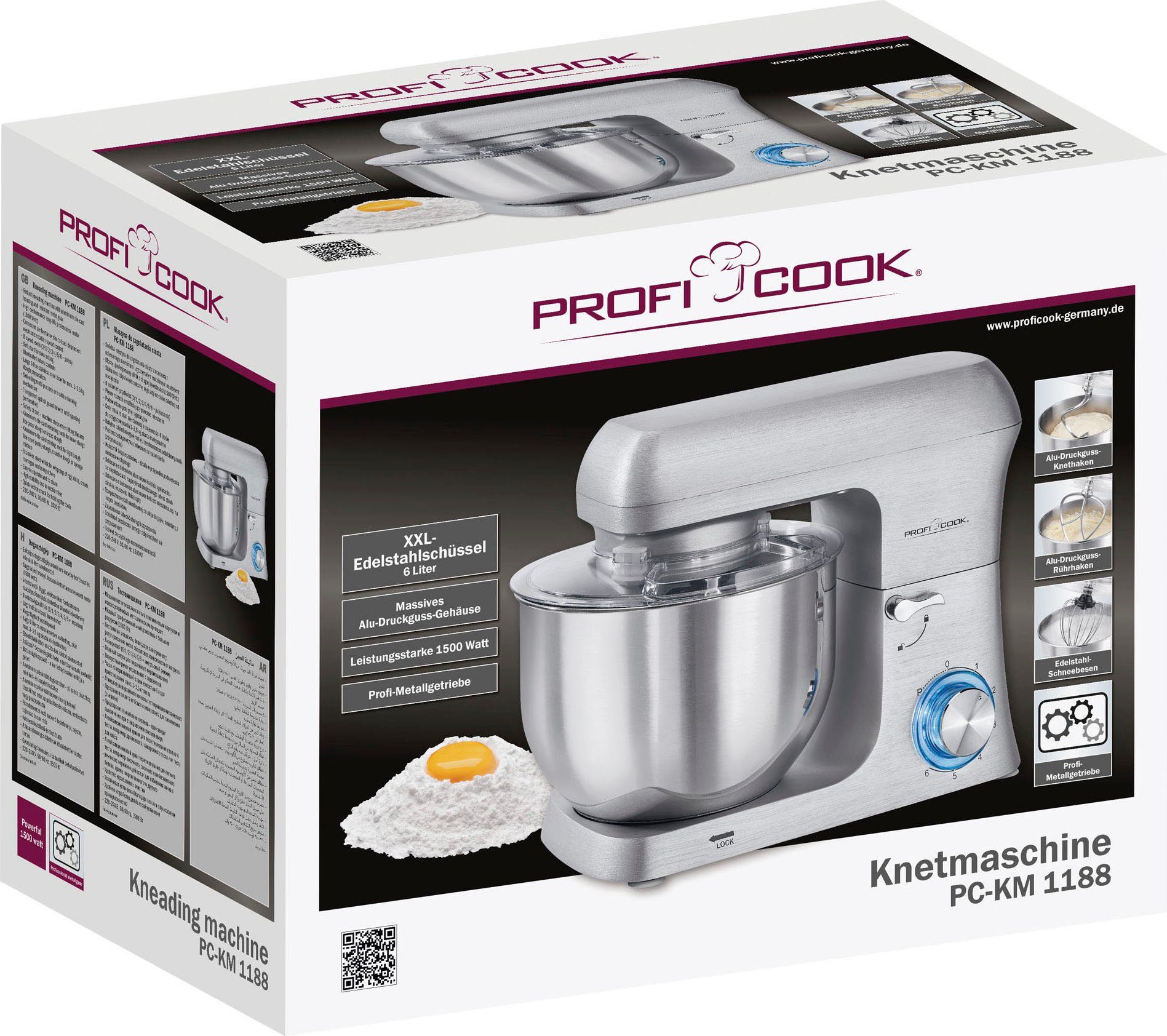 ProfiCook Küchenmaschine PC-KM 1188 alu 6,0L, 1500 W, 6 l Schüssel