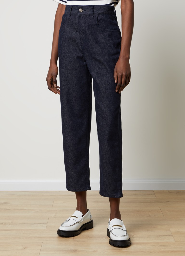 Calça jeans cropped de cintura alta e perna reta da Moncler, com lavagem escura.