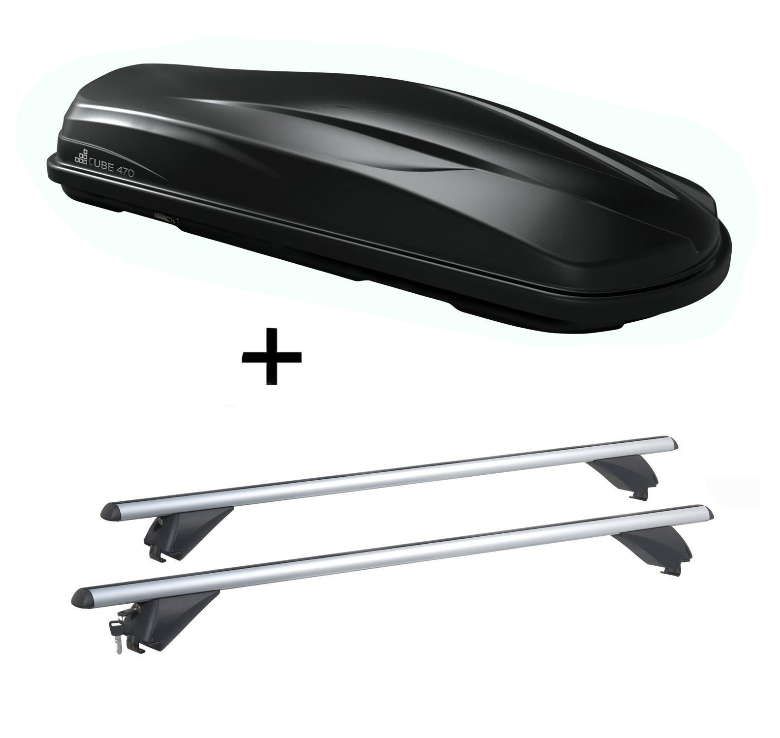 VDP Dachbox, (Für Ihren Volkswagen Tiguan (5Türer) 2007-2016 mit offener Reling), Dachbox/Gepäckbox CUBE470 + Alu Dachträger RB003 kompatibel mit Volkswagen Tiguan (5Türer) 2007-2016