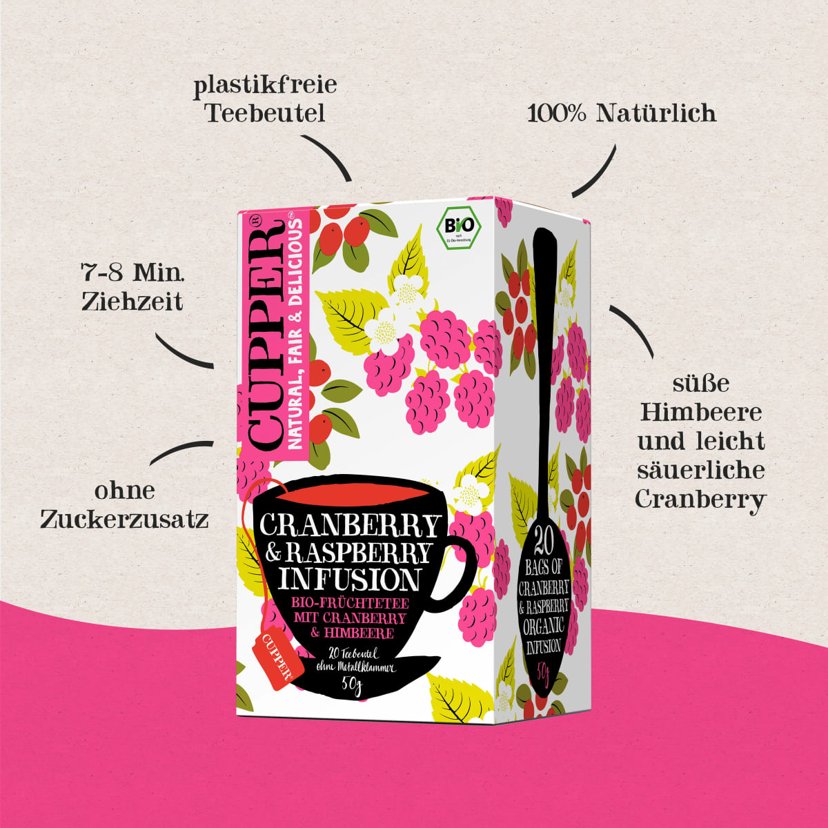 Früchtetee Cranberry, Himbeere (20 Beutel), 50 g