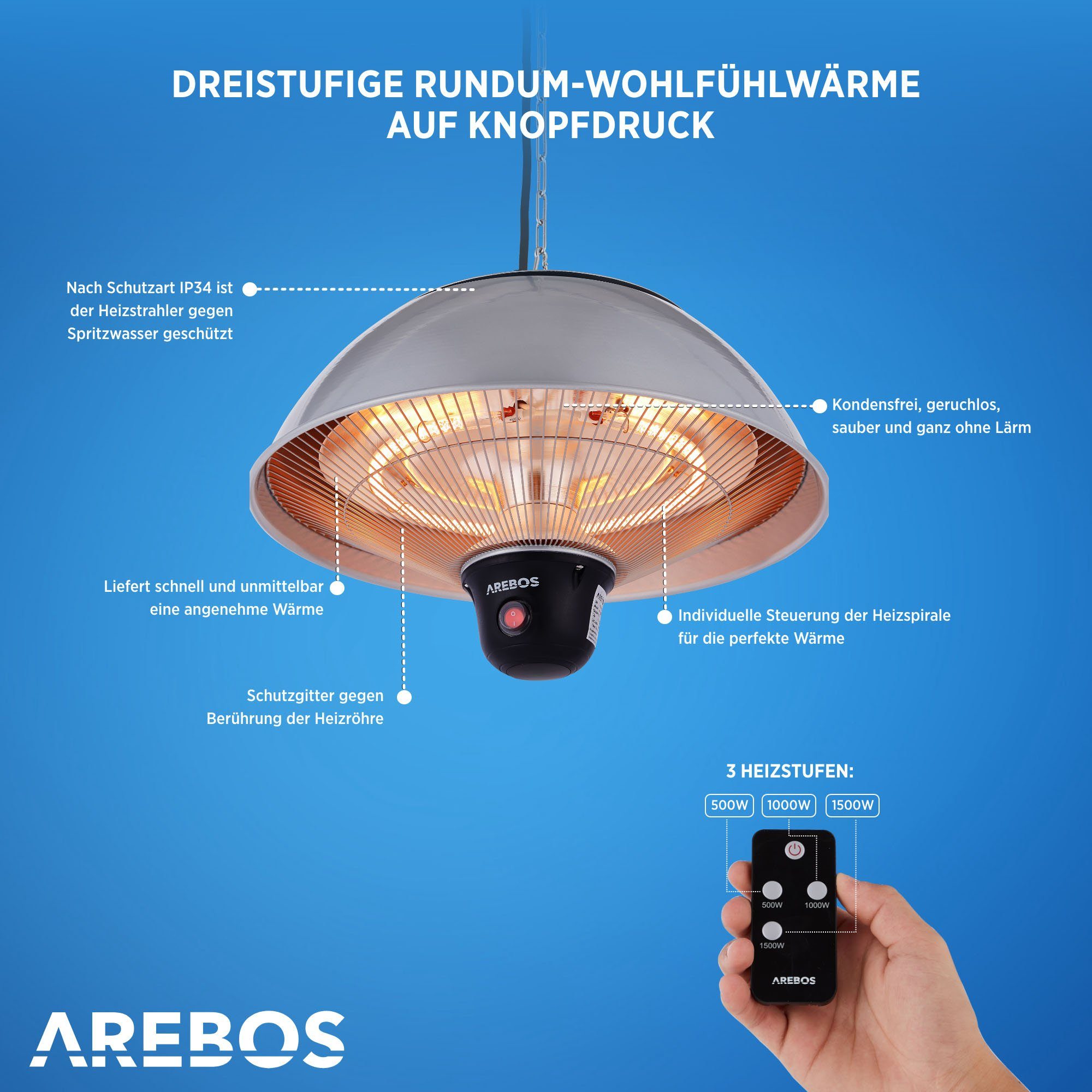 Arebos Heizstrahler Decken-Heizstrahler, Balkonheizer, 3 Heizstufen 500/1000/1500 W, Deckenstrahler