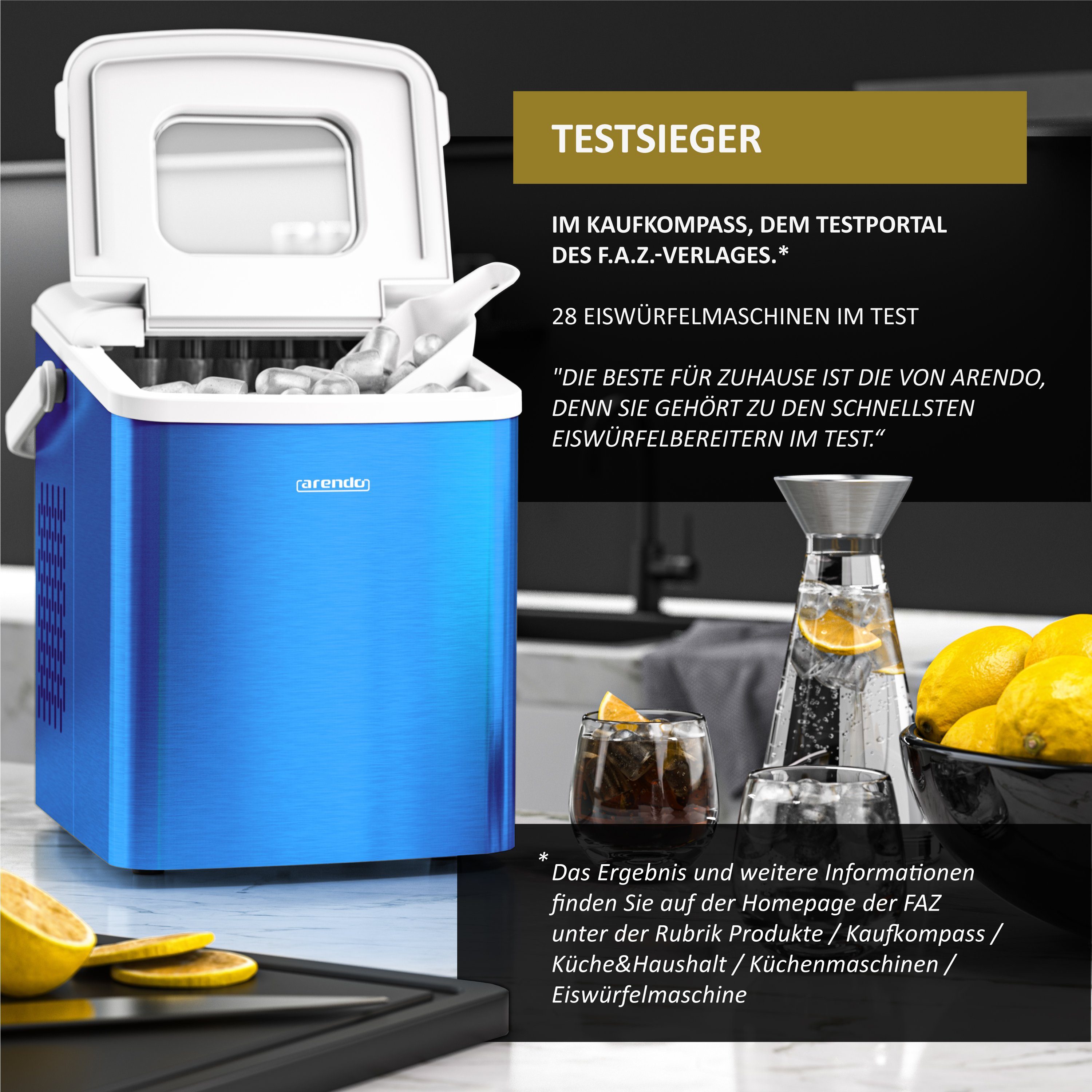 Arendo Eiswürfelmaschine, 120W mit 1,5L Behälter Eiswürfelbereiter, 9 Eiswürfel in 9 Minuten
