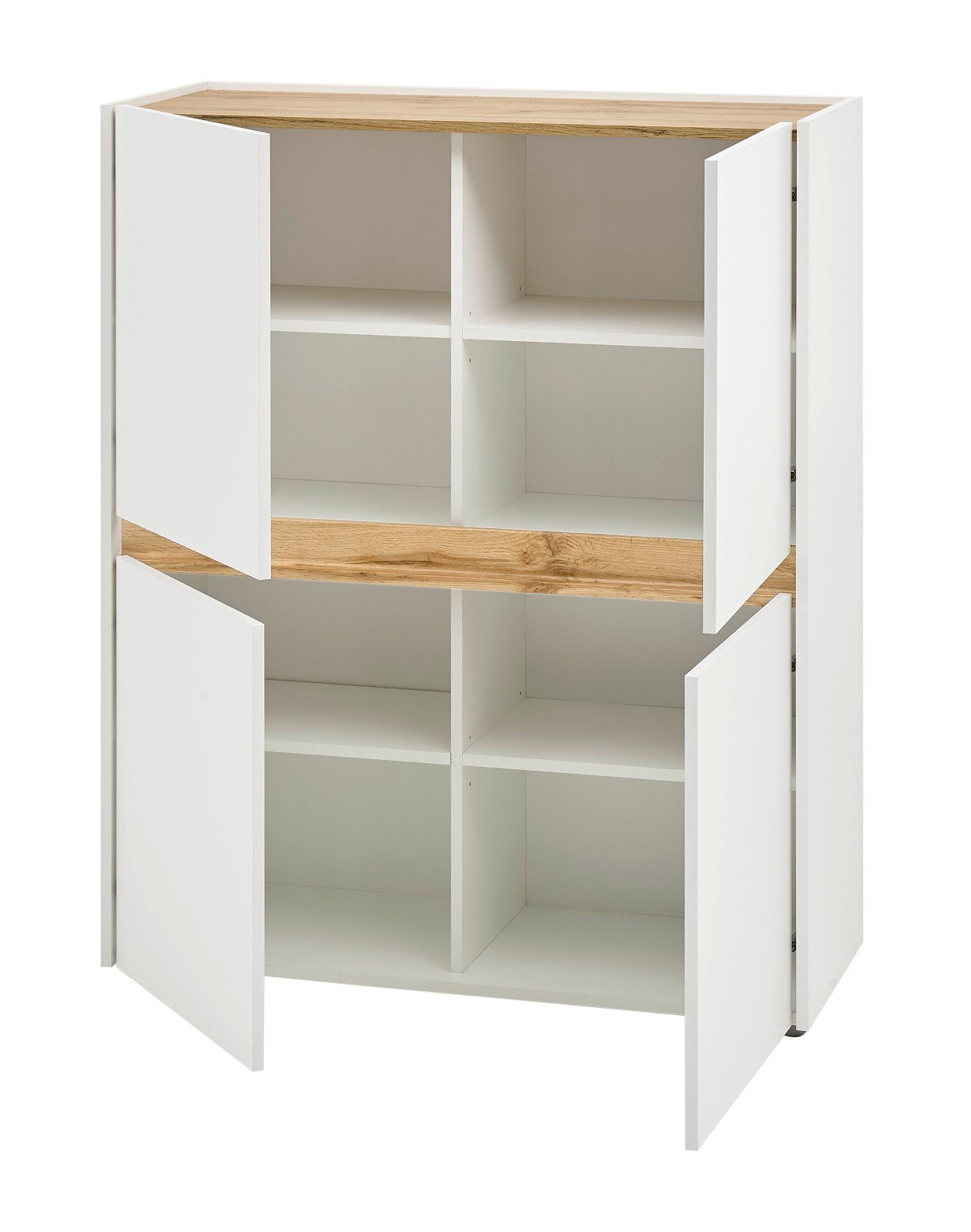Furn.Design Wohnwand Center, (Wohnzimmer Set 5-teilig in weiß mit Wotan Eiche, 330 x 197 cm), 14 Stauraum-Fächer