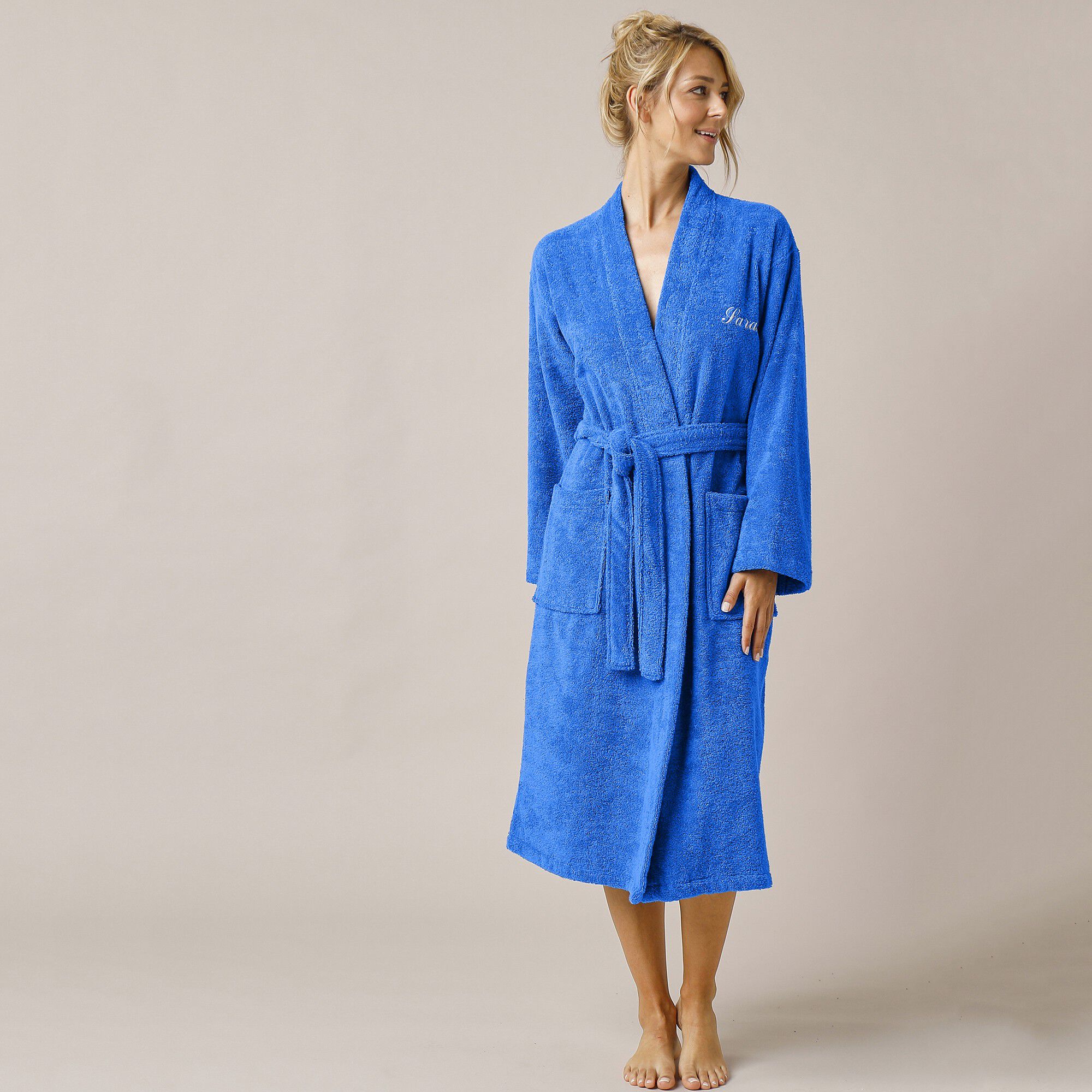 Peignoir mixte adulte uni coton éponge bouclette col kimono personnalisé