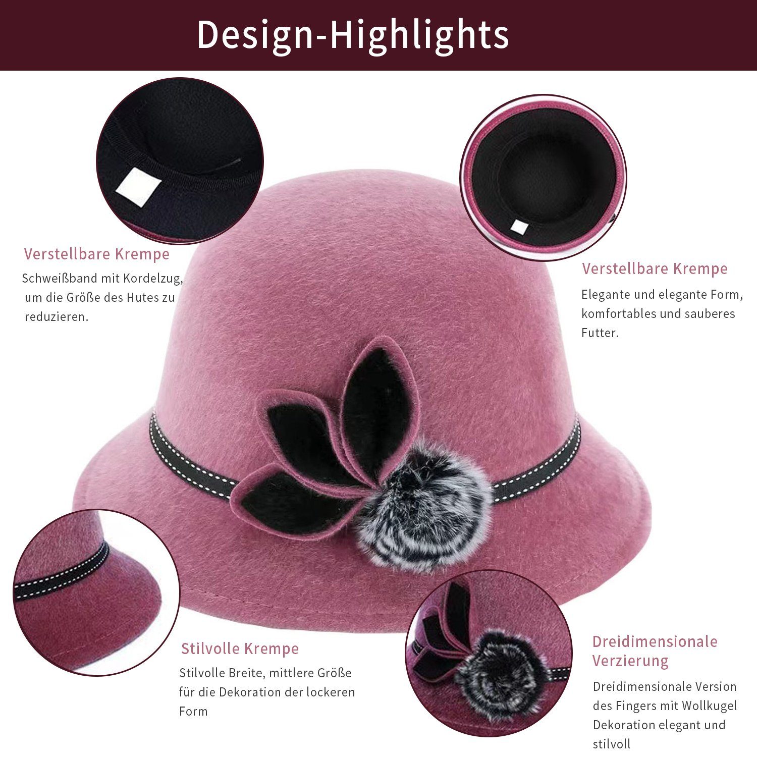 MAGICSHE Filzhut Wollfilz Fedora Hut Vintage elegante Damen Fischerhüte