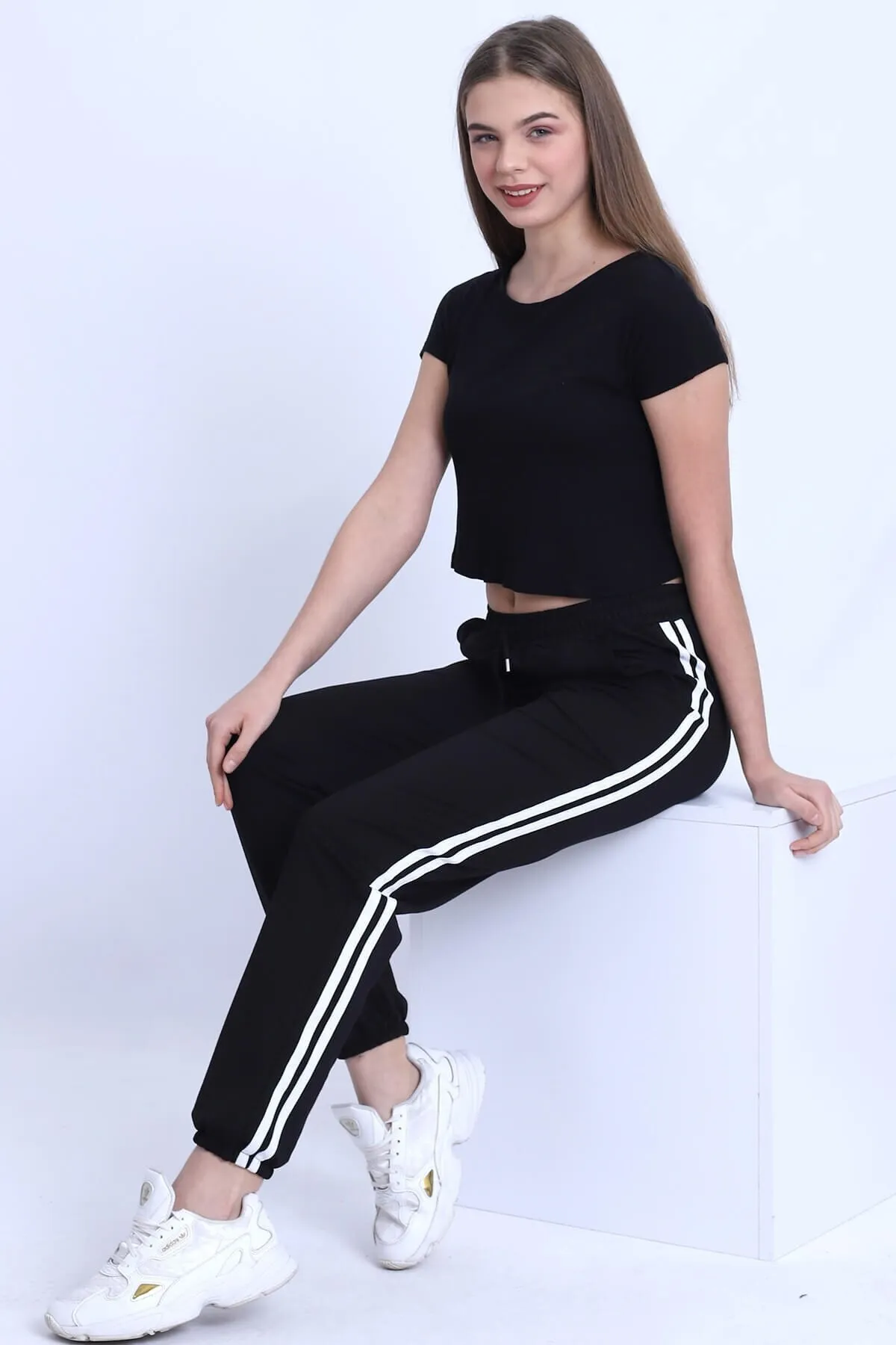 Deafox  Schwarze Jogginghose mit hoher Taille und Streifendetail