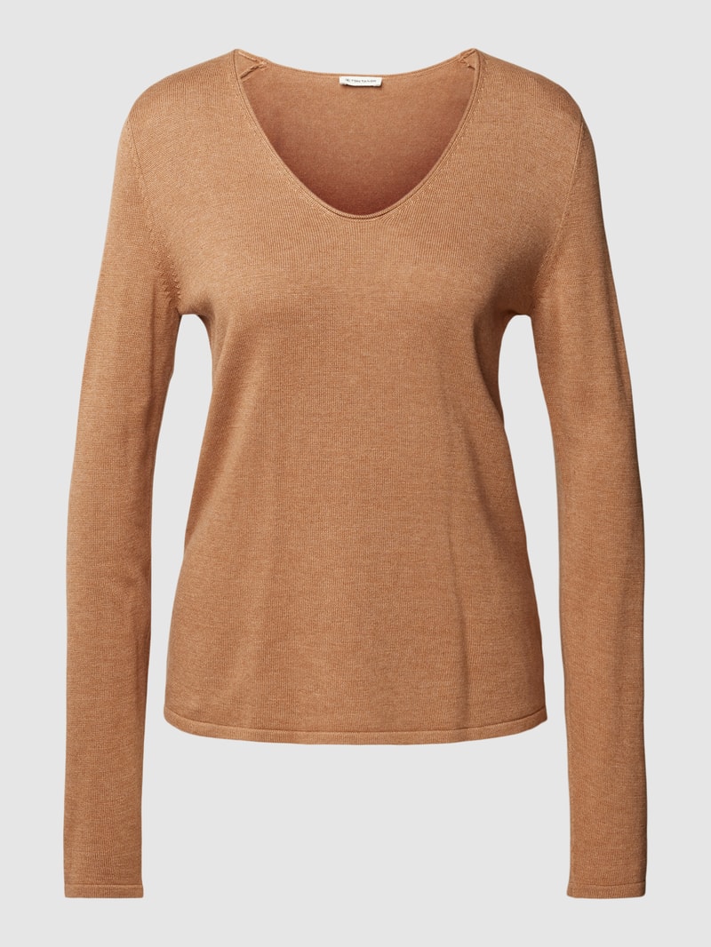 Pullover aus Baumwoll-Viskose-Mix mit V-Ausschnitt in camel meliert