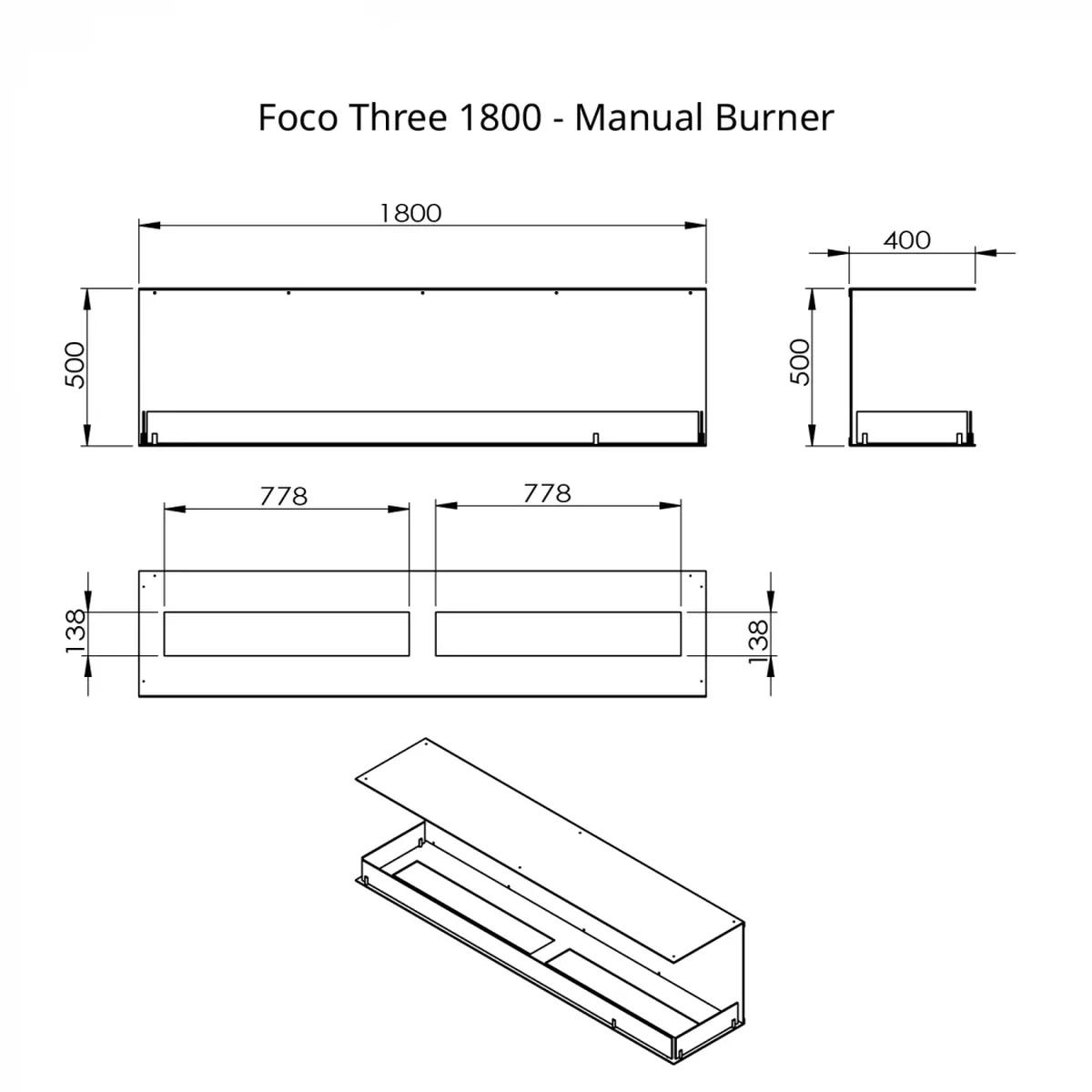 Foco Foco Three 1800, 3-seitiger Bioethanol-Einbaukamin, für Medien- und TV-Wände, verschiedene Brenner zur Auswahl von 13 kW   8,8 kW