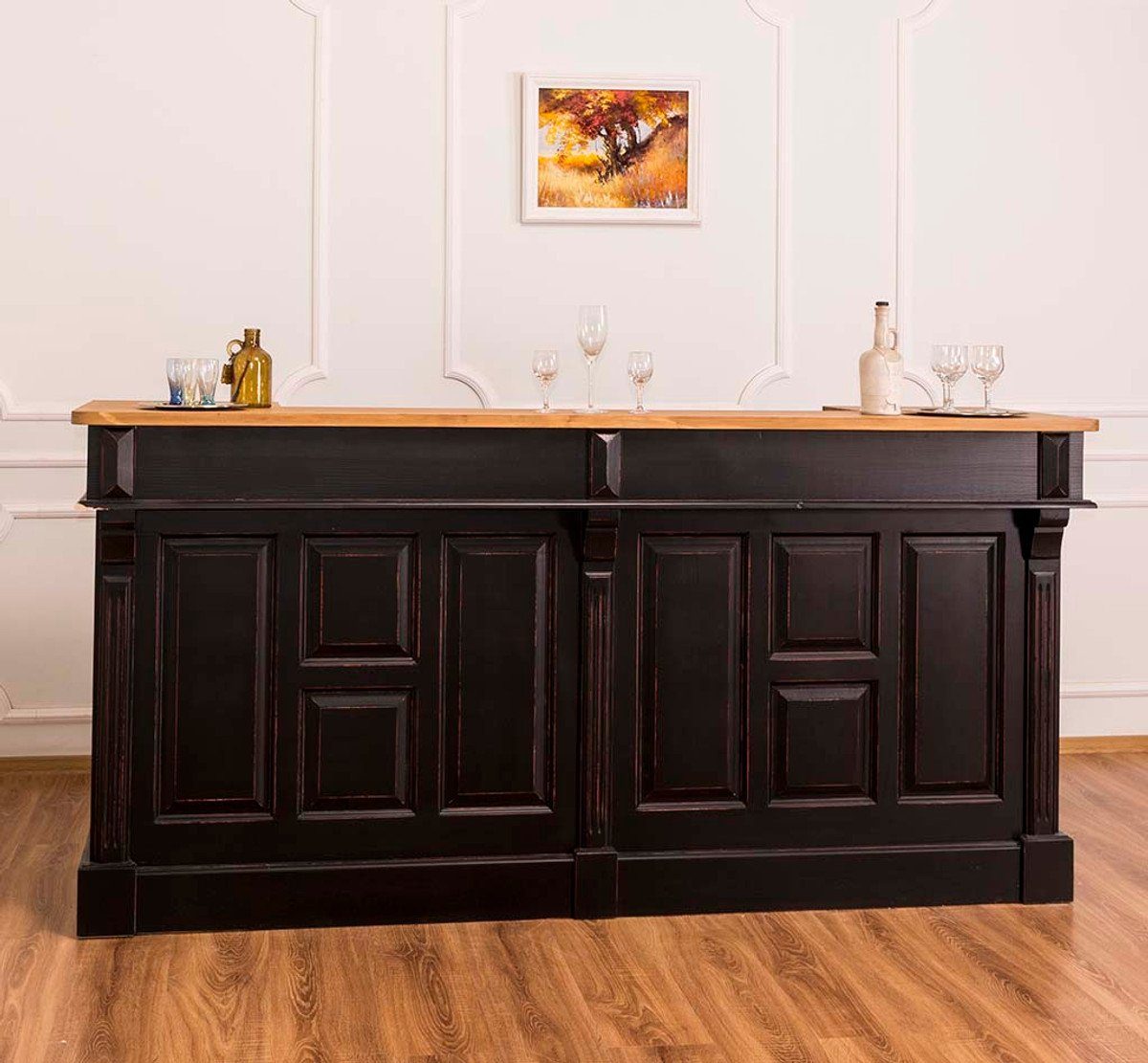 Casa Padrino Barschrank Landhausstil Thekenschrank Antik Schwarz / Naturfarben 220 x 65 x H. 107 cm - Ladentheke mit Schubladen und Ablagefächer