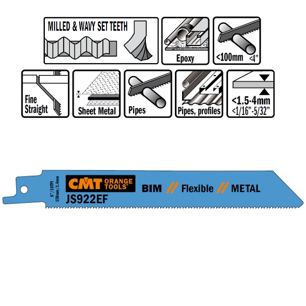 Lame de ferăstrău sabie CMT JS922EF-5 JS922EF 5 bucăți Bi-metal 150mm x 0.9 x 18TPI Aplicație: tablă subțire (1.5-4mm), tuburi și profile.