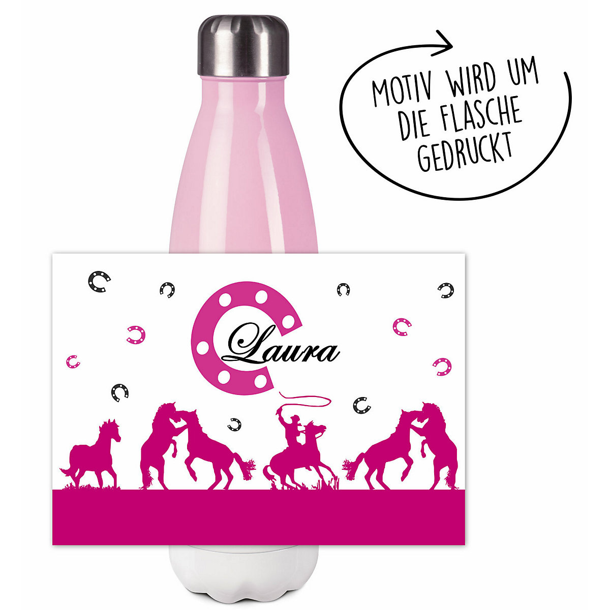Edelstahl Kinder Thermoflasche / Trinkflasche bunt Cowboy Pferde Farbe pink Spülmaschinenfest, Auslaufsicher, Bruchfest, Doppelwandig, Für Heißgetränke geeignet, Mit Deckel, Isoliert