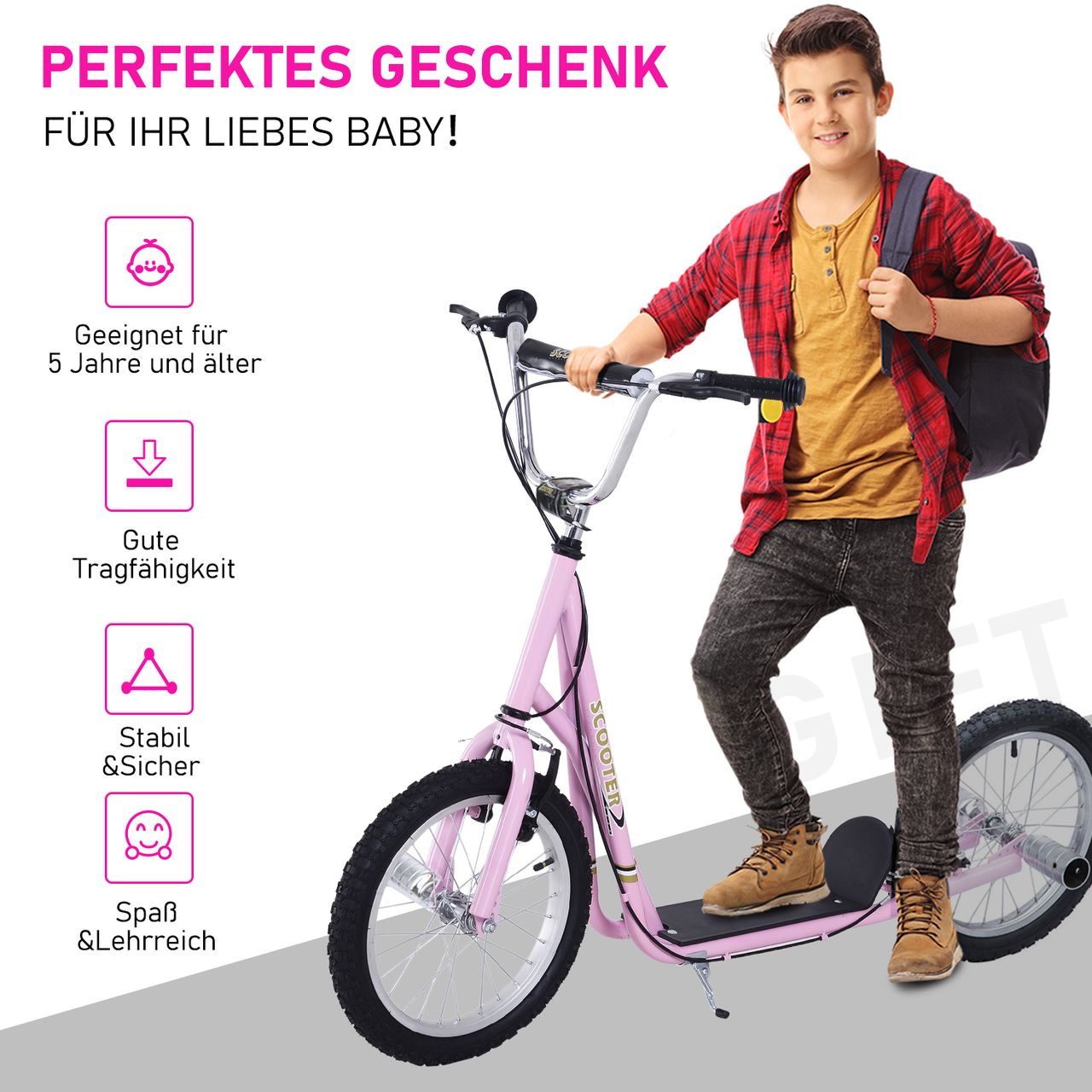 HOMCOM Kinderroller mit Luftreifen Scooter Tretroller Kickboard 16 Zoll Rosa