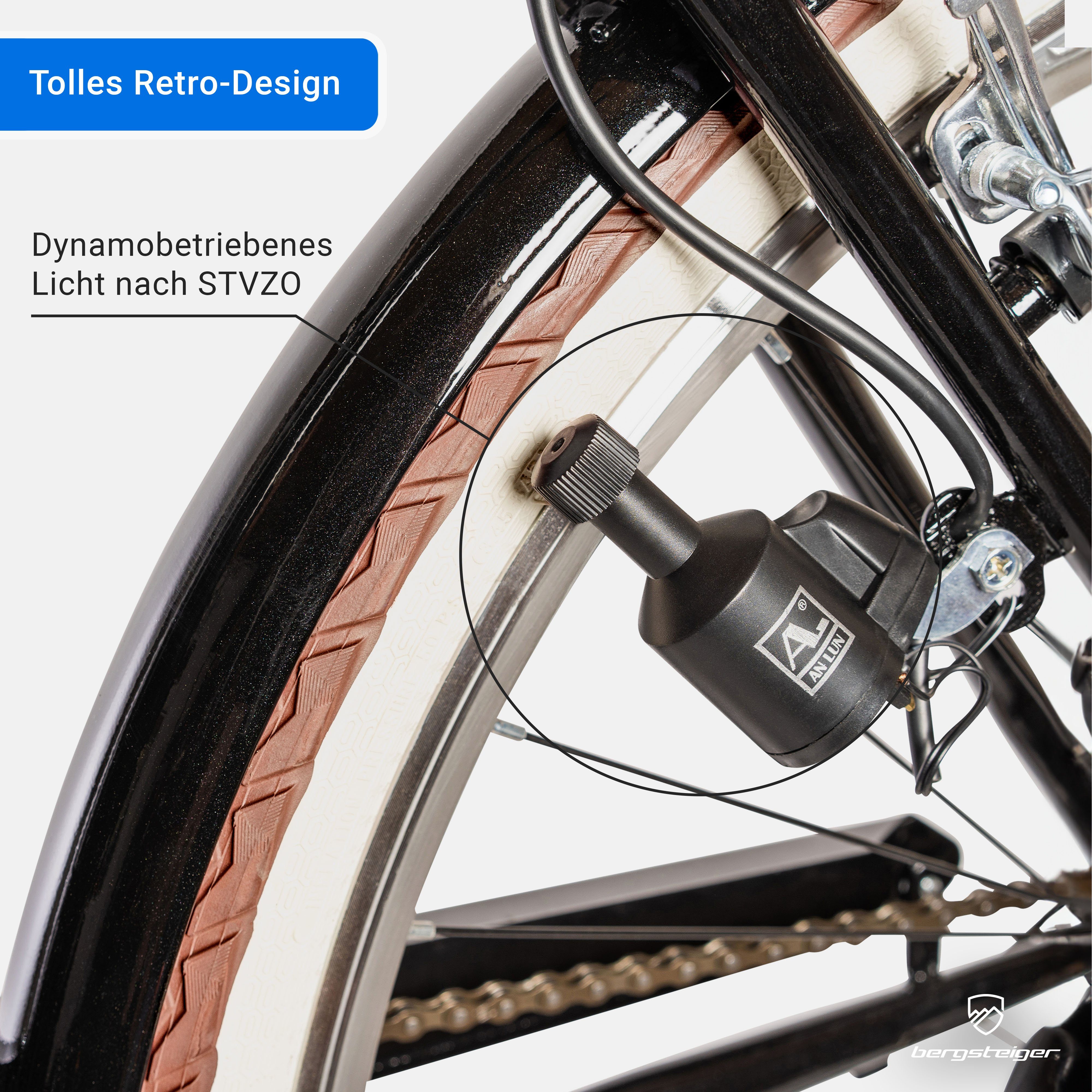 bergsteiger Cityrad Marseille 26 Zoll, 28 Zoll Damenfahrrad, ab 150 cm, Korb aus Rattan, 6 Gang, Kettenschaltung