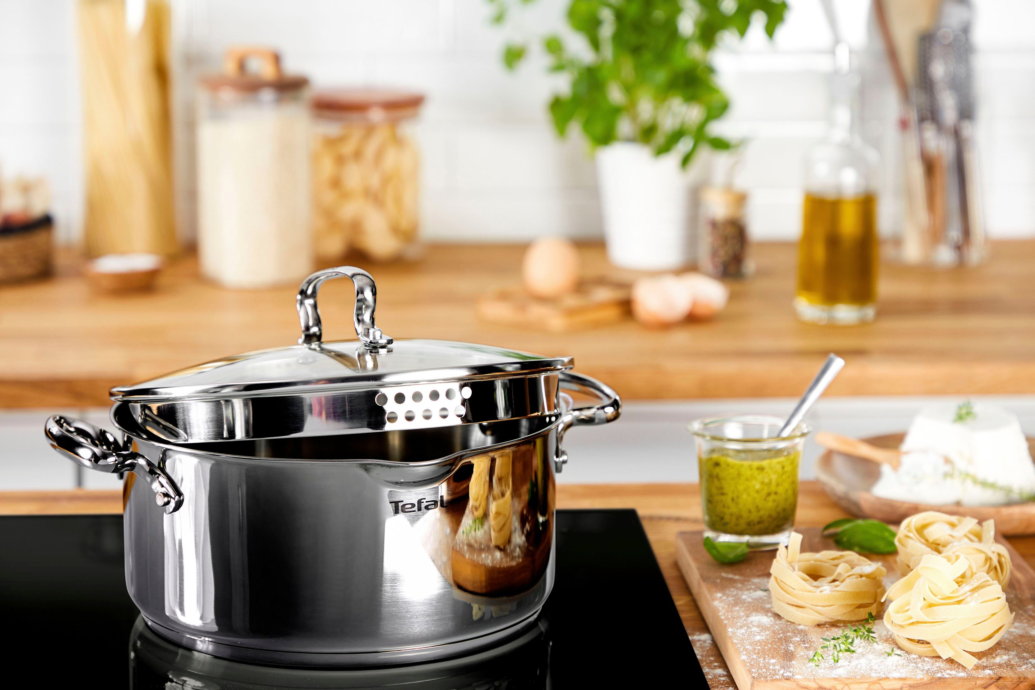 Tefal Topf-Set Duetto+ G719S7, Edelstahl 18/10 (Set, 7-tlg., 7-teiliges Topfset mit Stielkasserolle 16 cm, Kochtopf 16/20/24 cm), hochwertiger Edelstahl, hochglanzpoliert, Glasdeckel mit Siebfunktion
