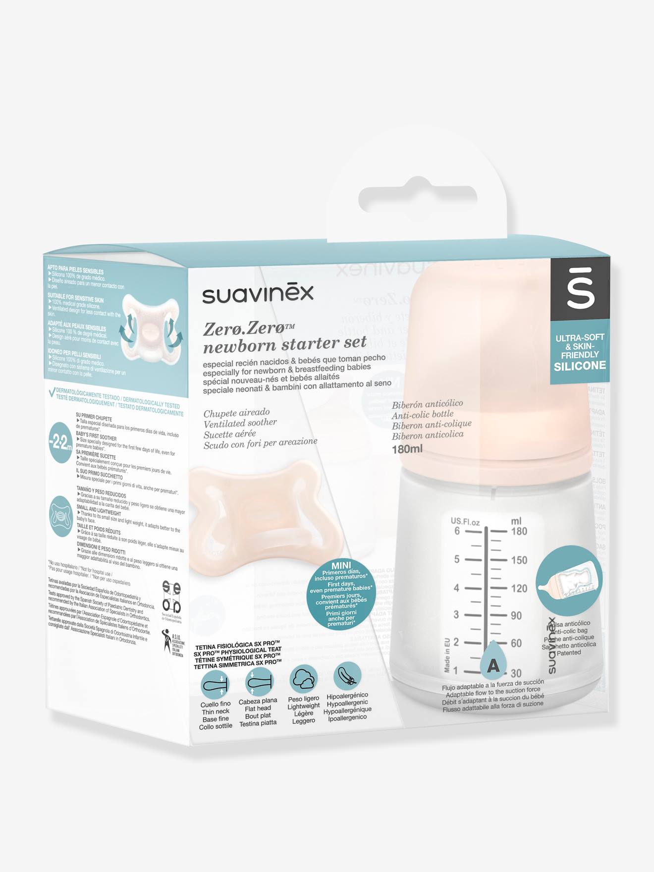 Set biberon Zero.Zero + sucette SUAVINEX rose nude