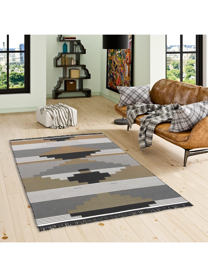 Pergamon Teppich Beidseitig Ethno Kelim Style in Grau Beige günstig kaufen