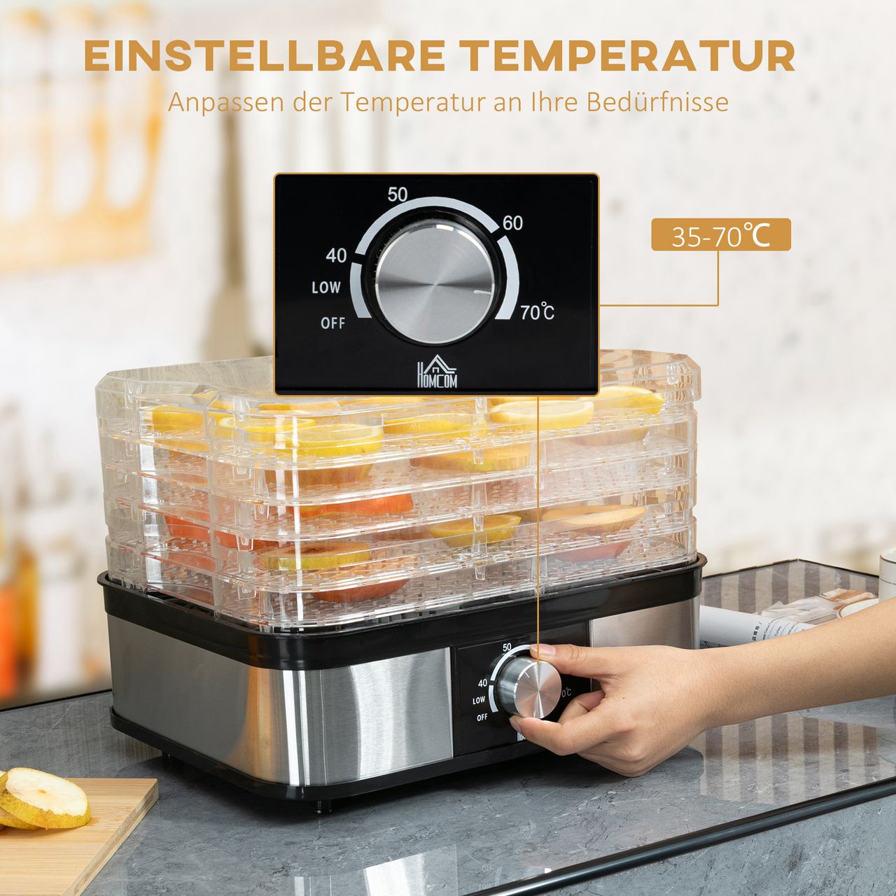 HOMCOM Dörrautomat Dörrgerät mit 5 Einlegefächer, 35-70°C, Obsttrockner Dehydrator für Fleisch Obst Haustier-Leckereien Edelstahl Silber Transparent 32 x 25 x 29cm