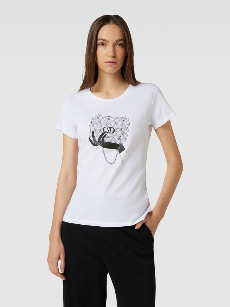 T-Shirt mit Motiv-Print und Ziersteinbesatz in weiss